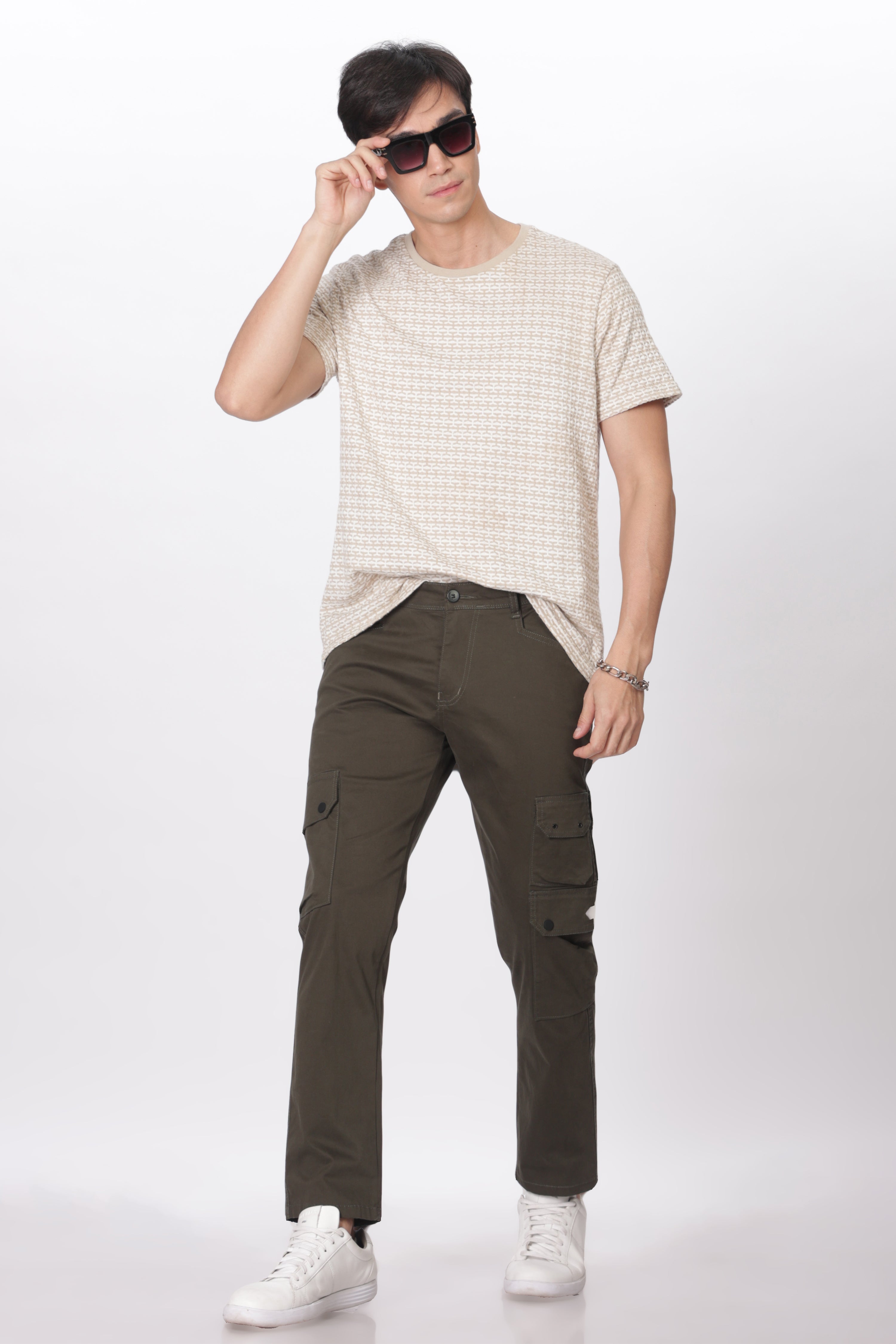 Pantalon cargo long en coton mélangé vert olive pour homme