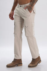 Grey Cotton Blend Full Length Cargo Pants