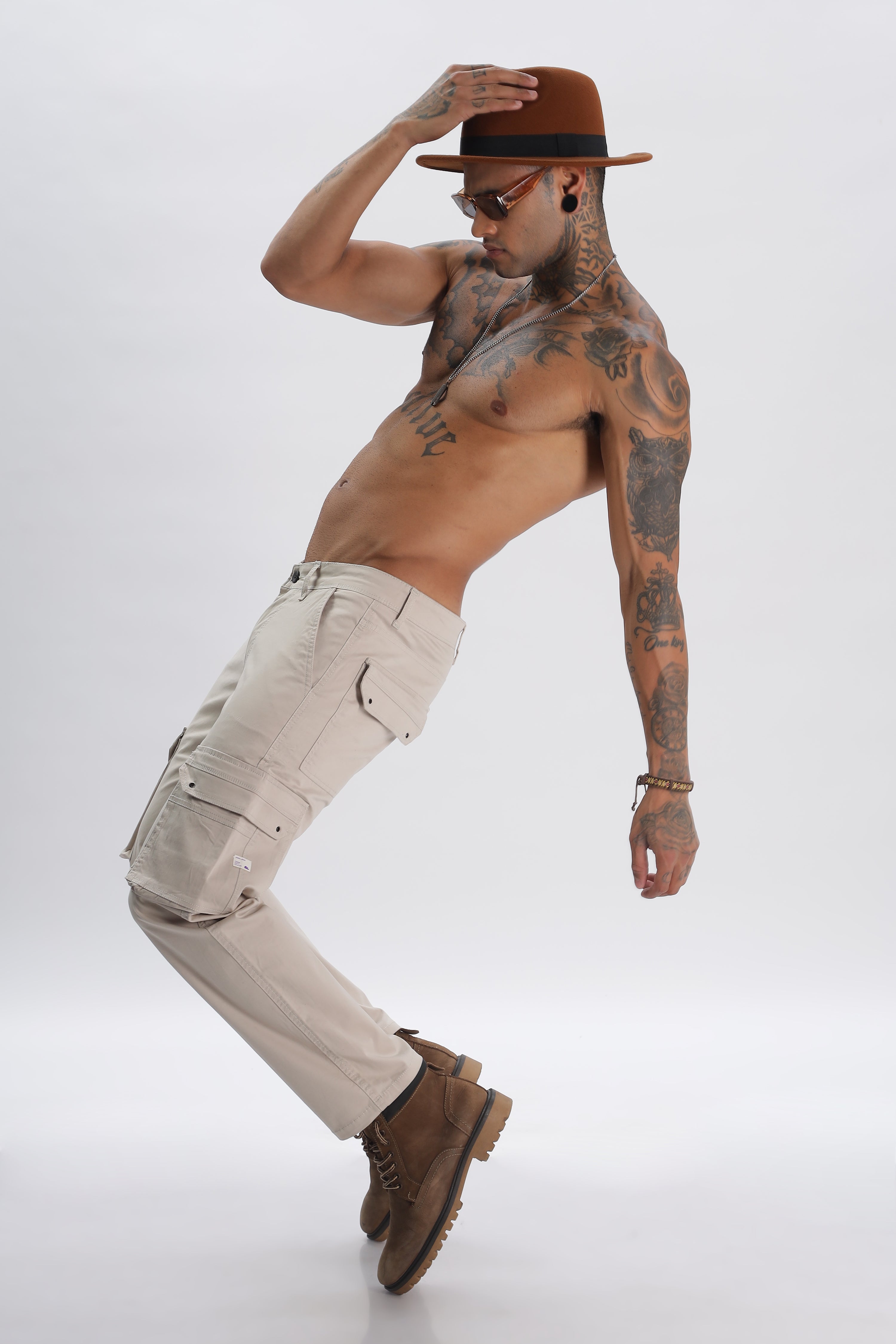 Grey Cotton Blend Full Length Cargo Pants