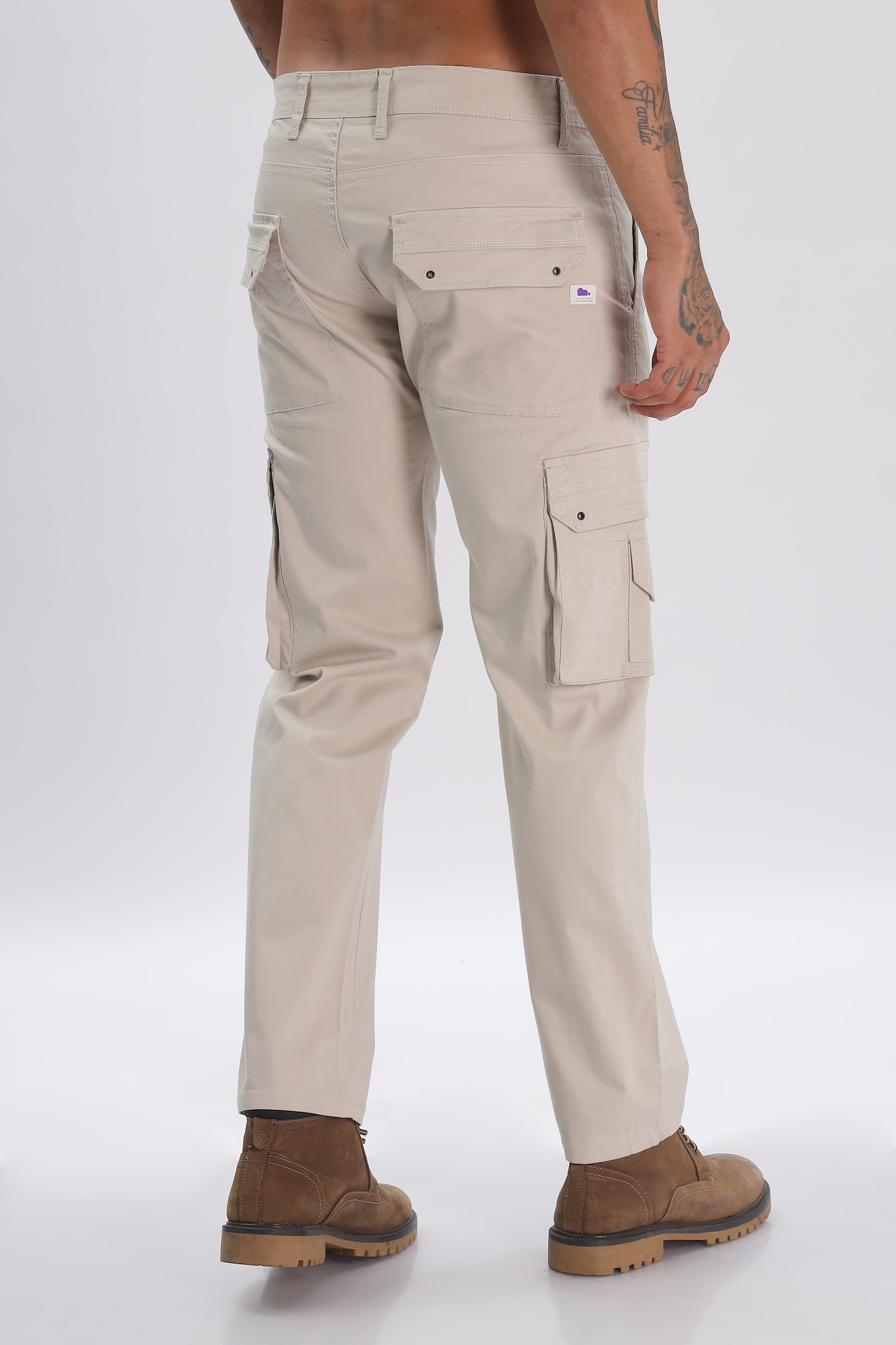 Grey Cotton Blend Full Length Cargo Pants