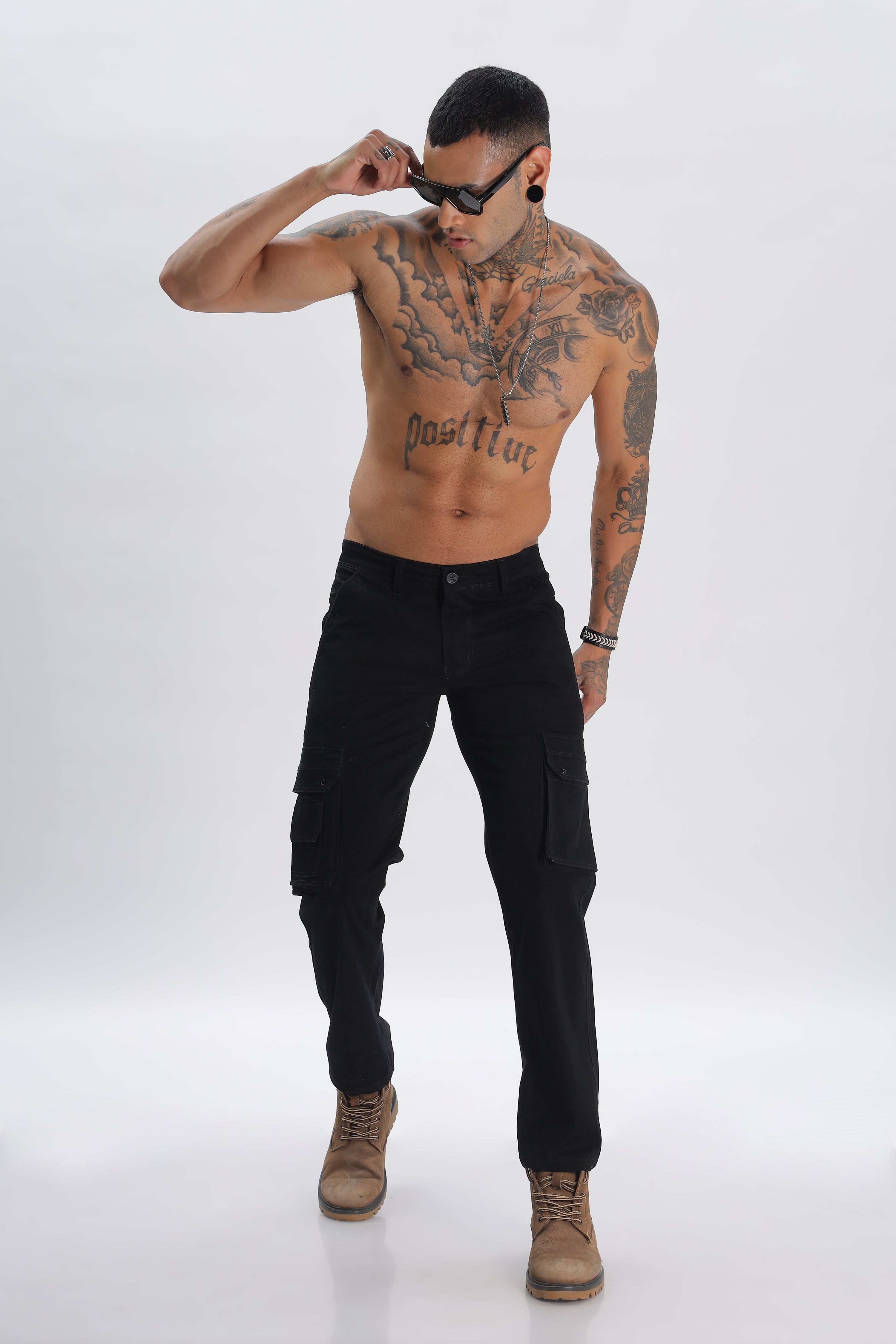 Black Cotton Blend Full Length Cargo Pants