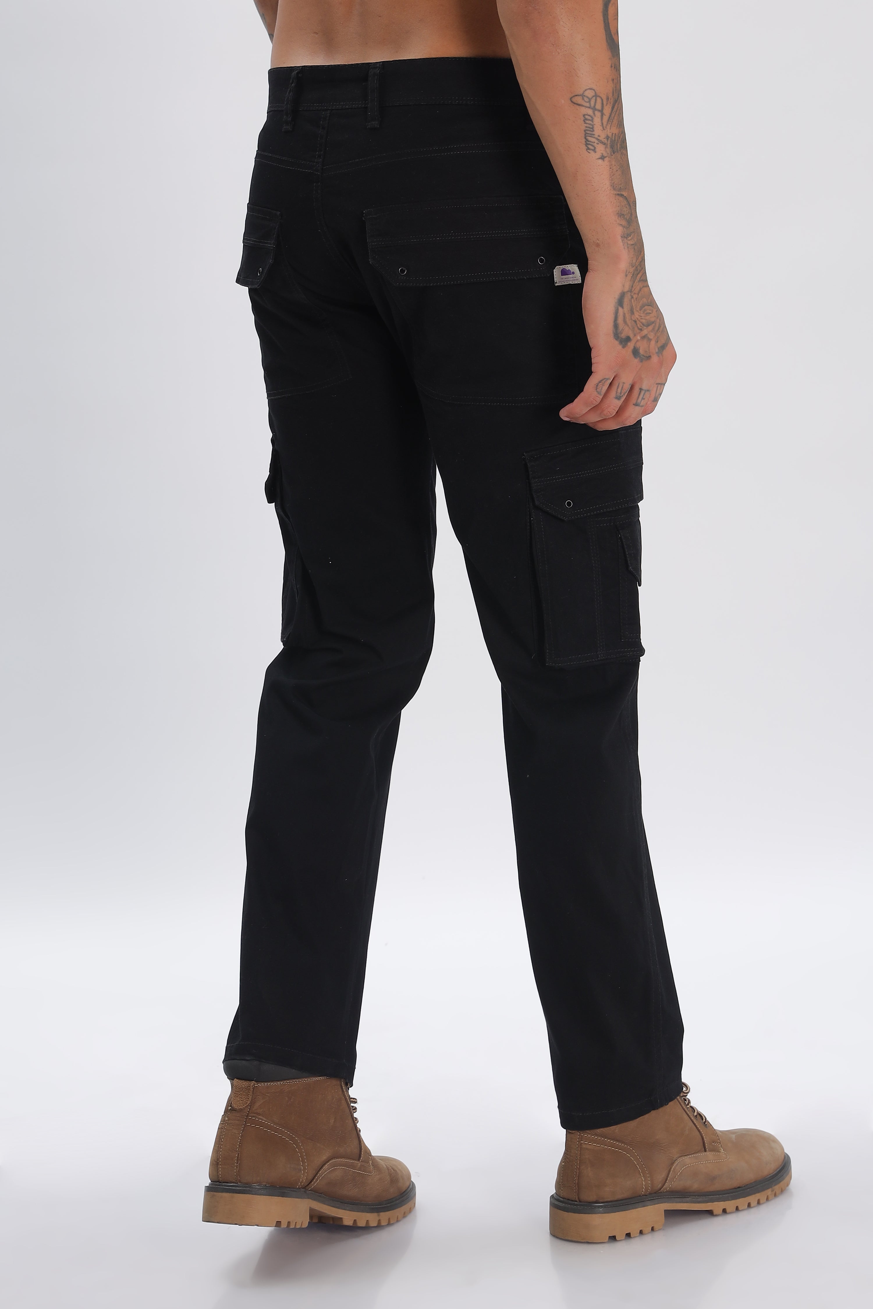 Black Cotton Blend Full Length Cargo Pants