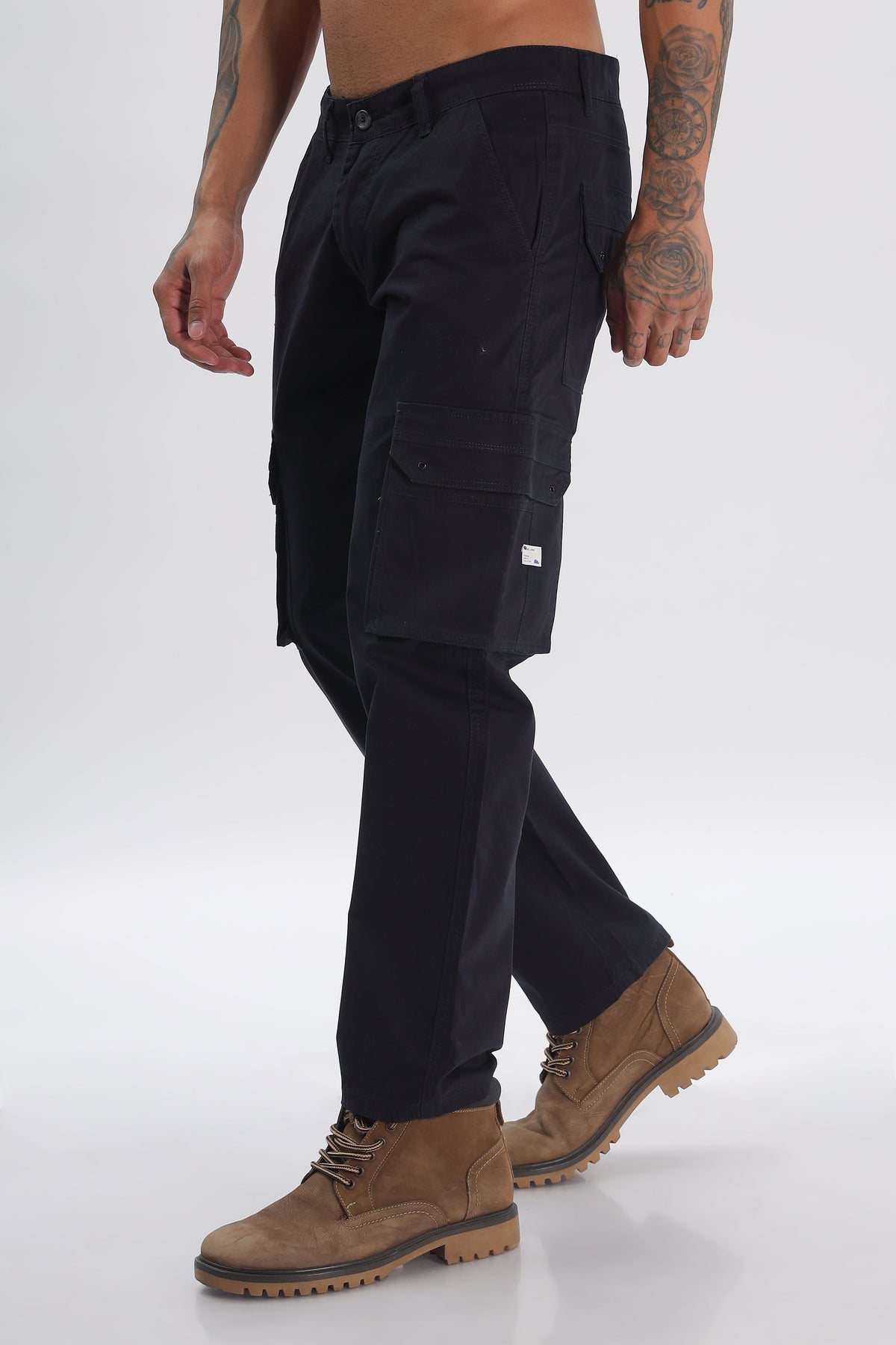 Navy Cotton Blend Full Length Cargo Pants