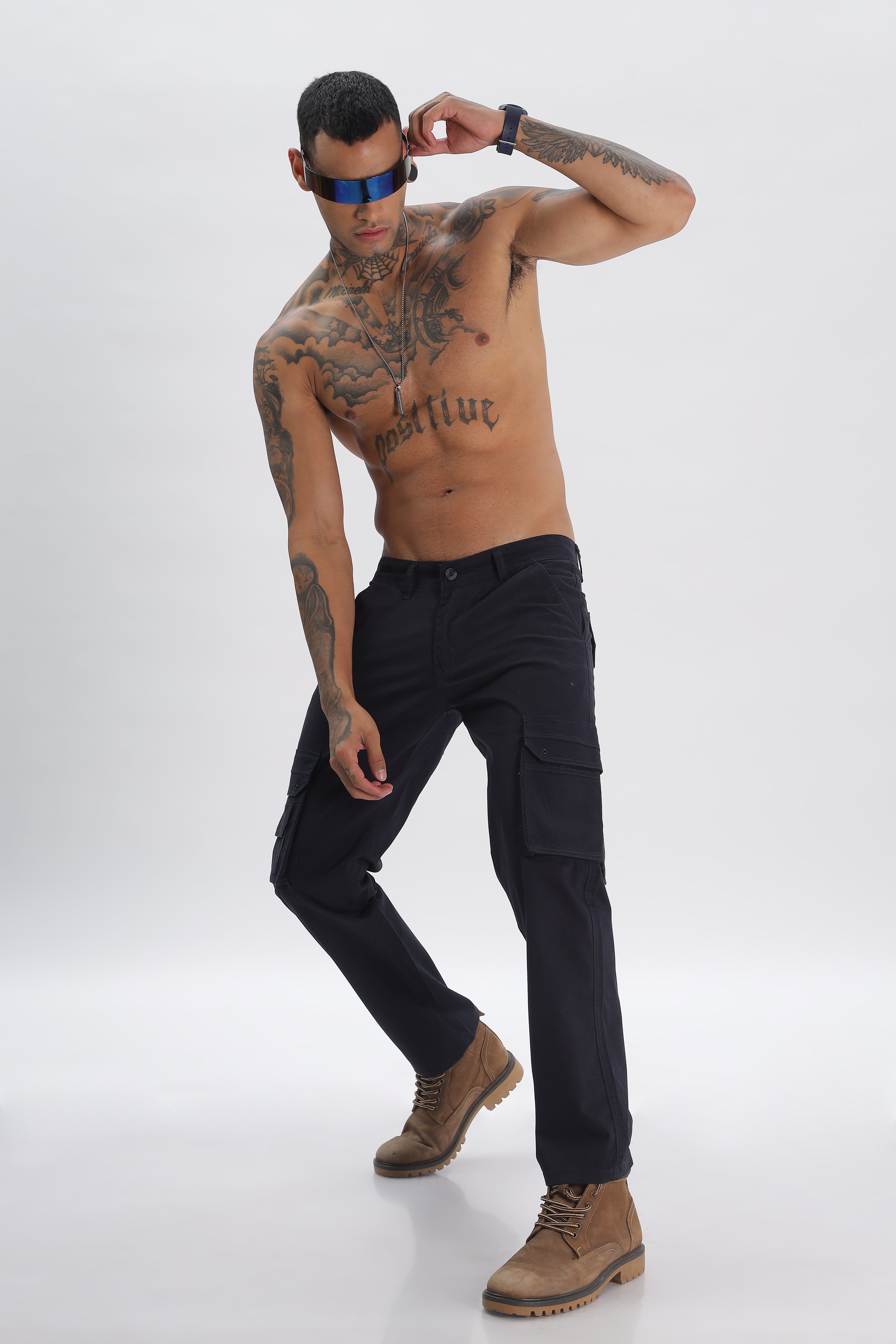 Navy Cotton Blend Full Length Cargo Pants