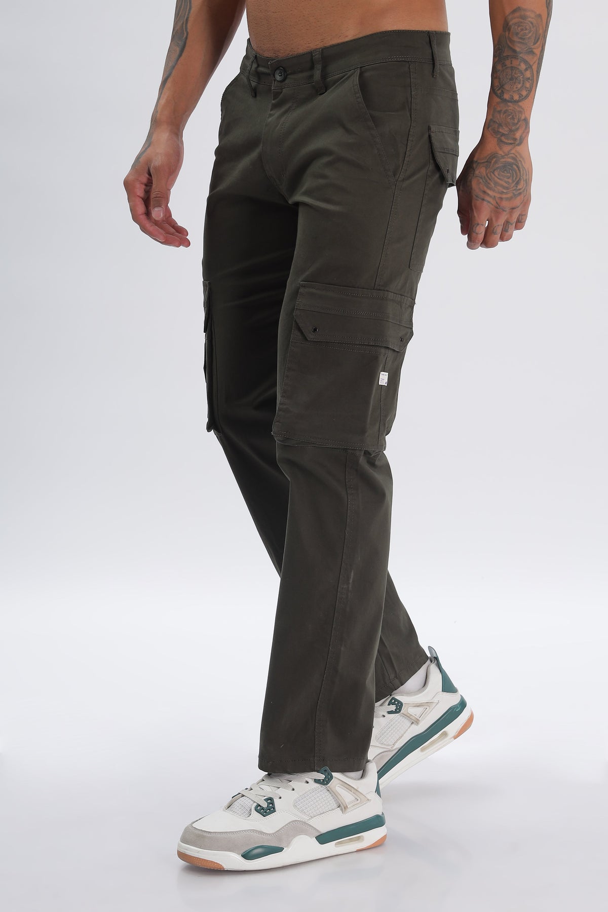 Olive-Green Cotton Blend Full Length Cargo Pants