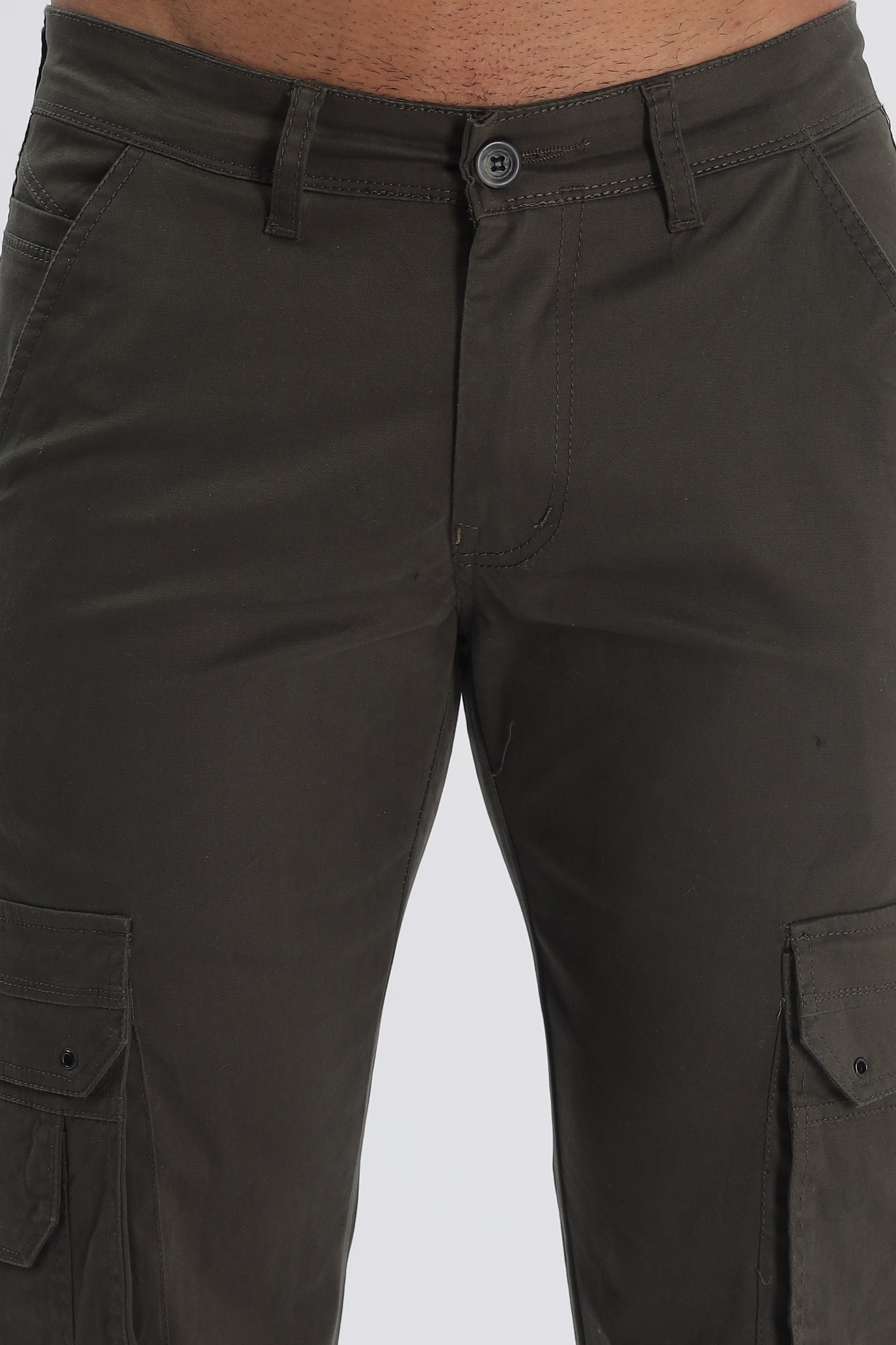 Olive-Green Cotton Blend Full Length Cargo Pants