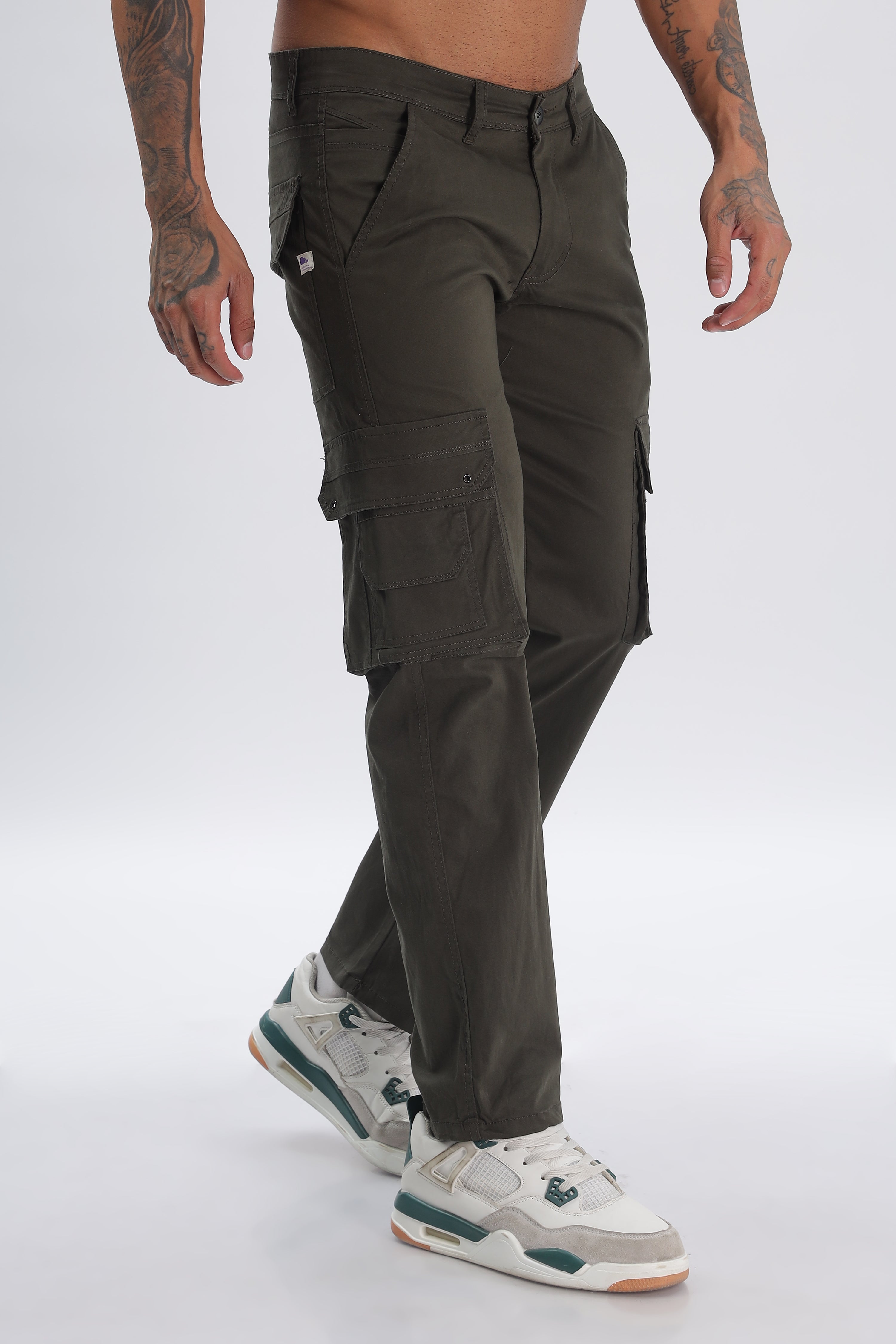 Olive-Green Cotton Blend Full Length Cargo Pants