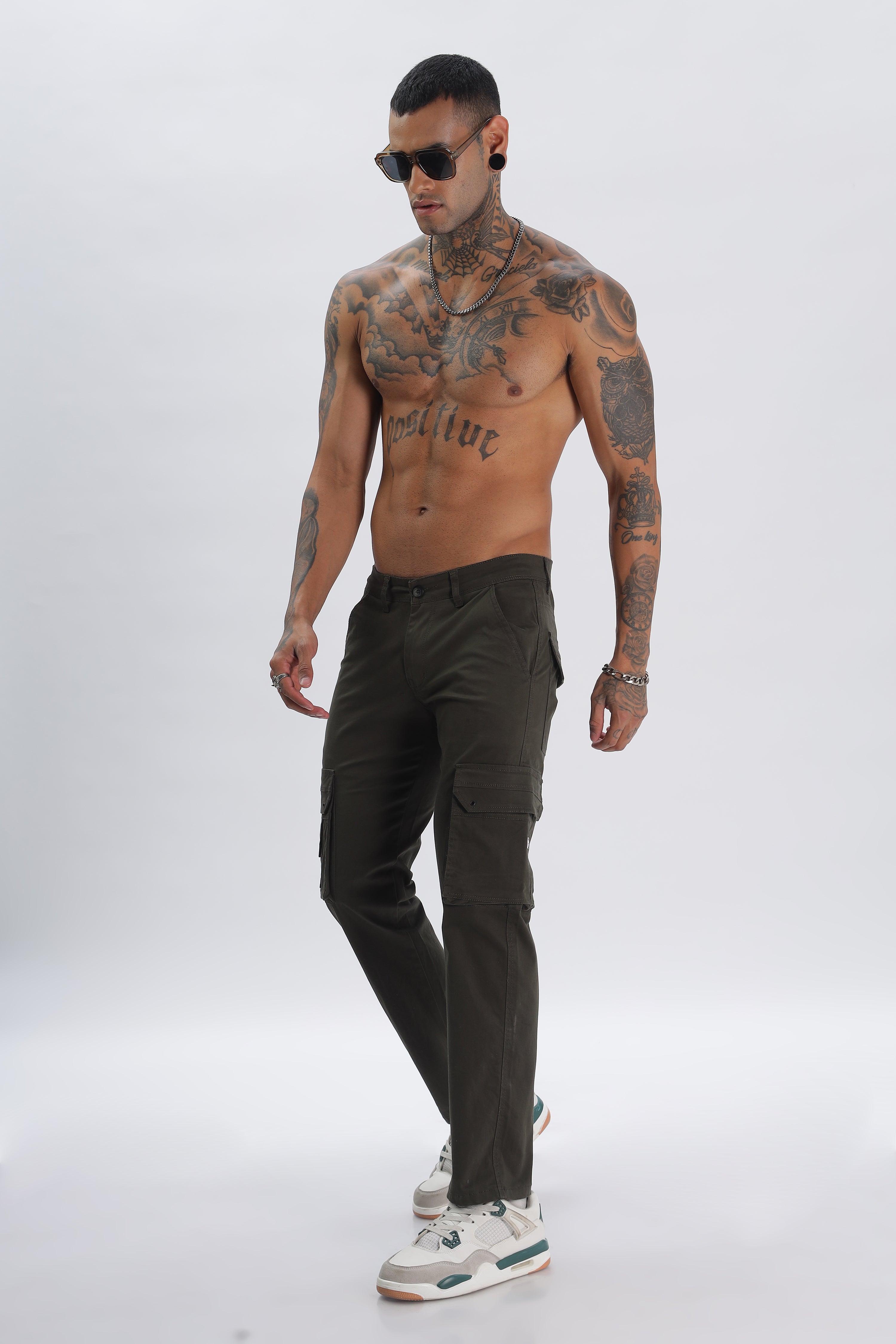 Olive-Green Cotton Blend Full Length Cargo Pants