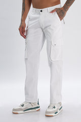 White Cotton Blend Full Length Cargo Pants