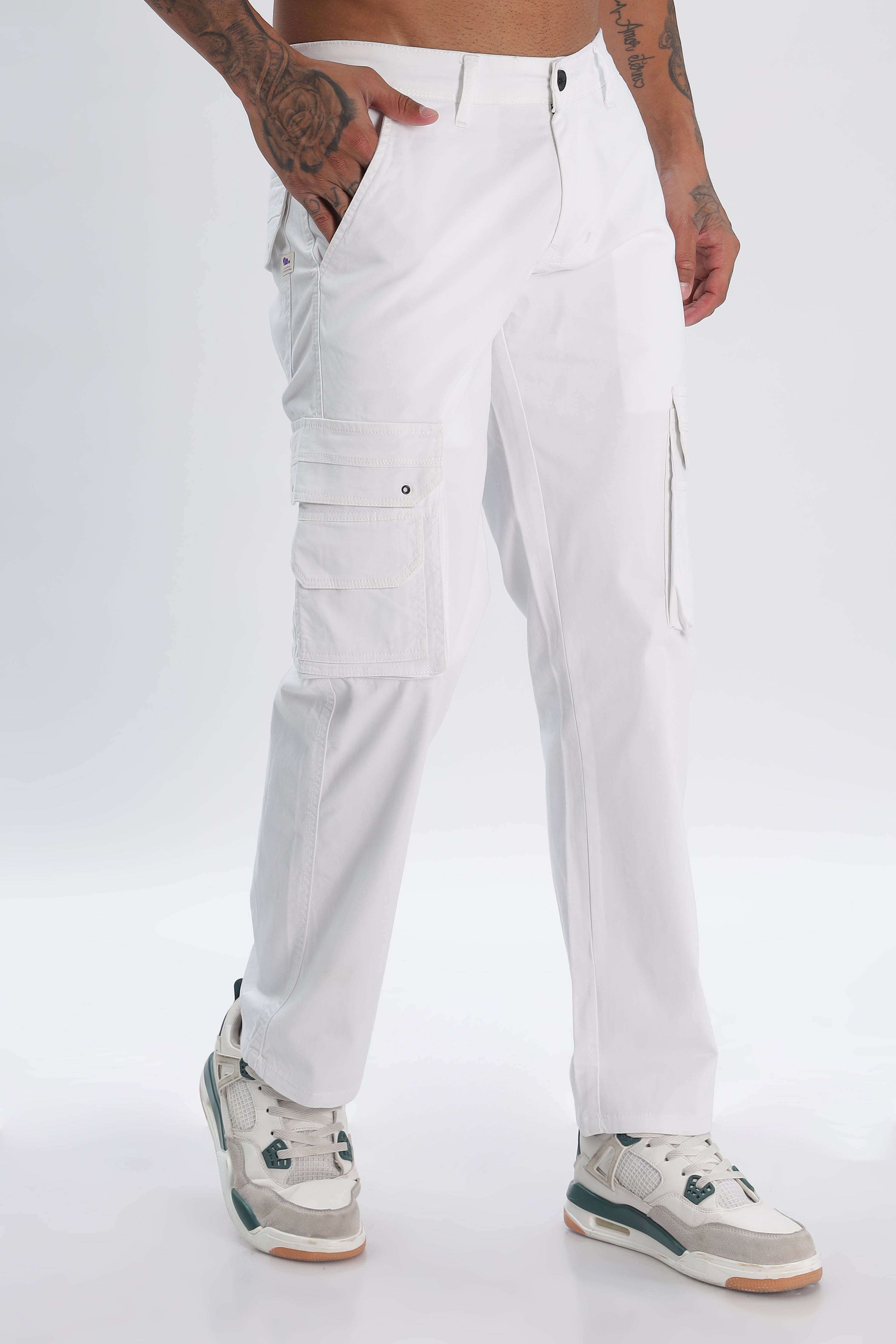 White Cotton Blend Full Length Cargo Pants