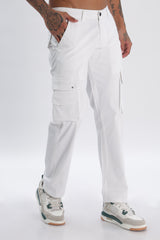 White Cotton Blend Full Length Cargo Pants