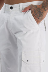 White Cotton Blend Full Length Cargo Pants