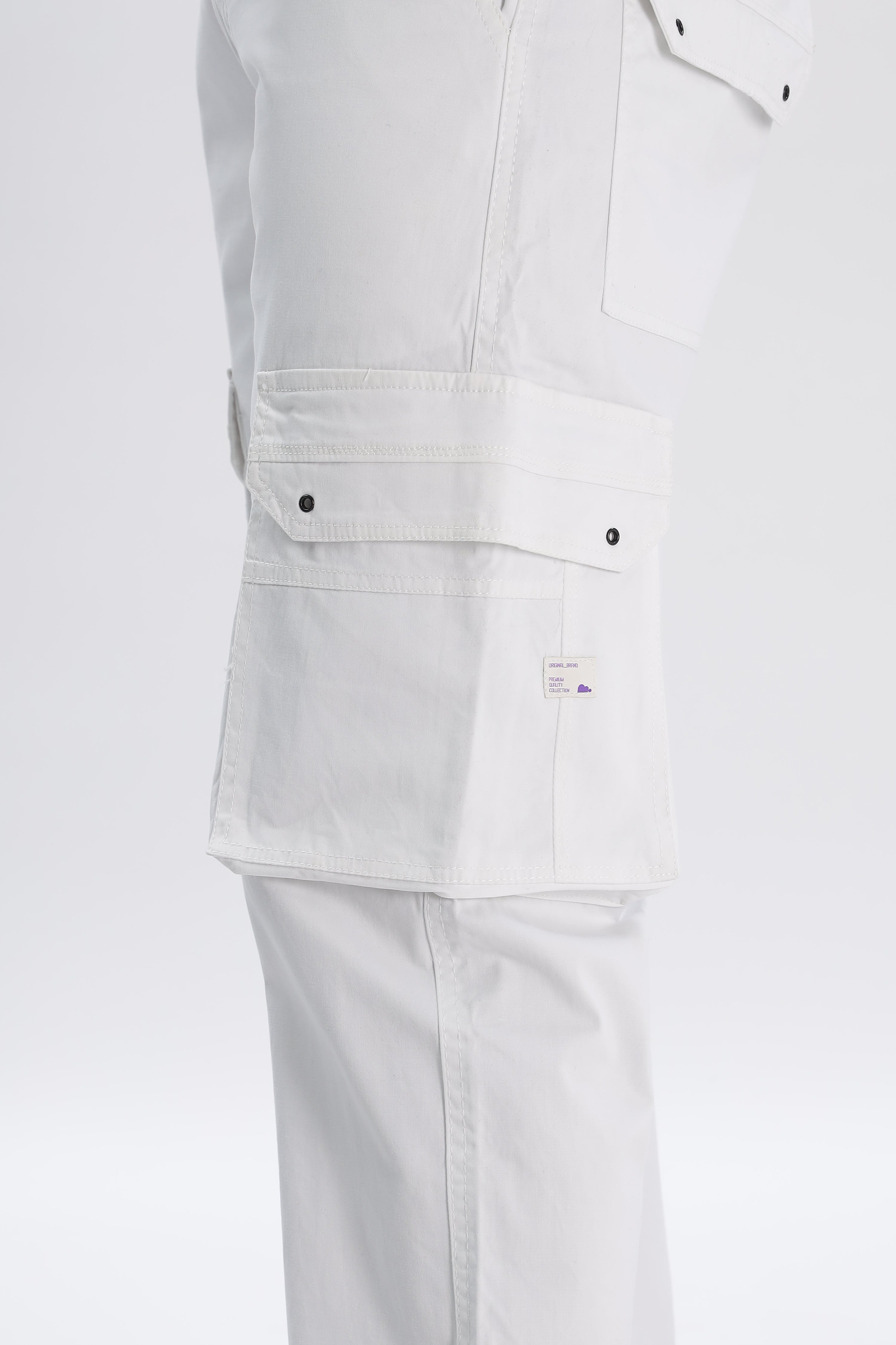 White Cotton Blend Full Length Cargo Pants