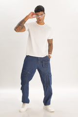 Blue Full Length Baggy Denim Cargo Pant