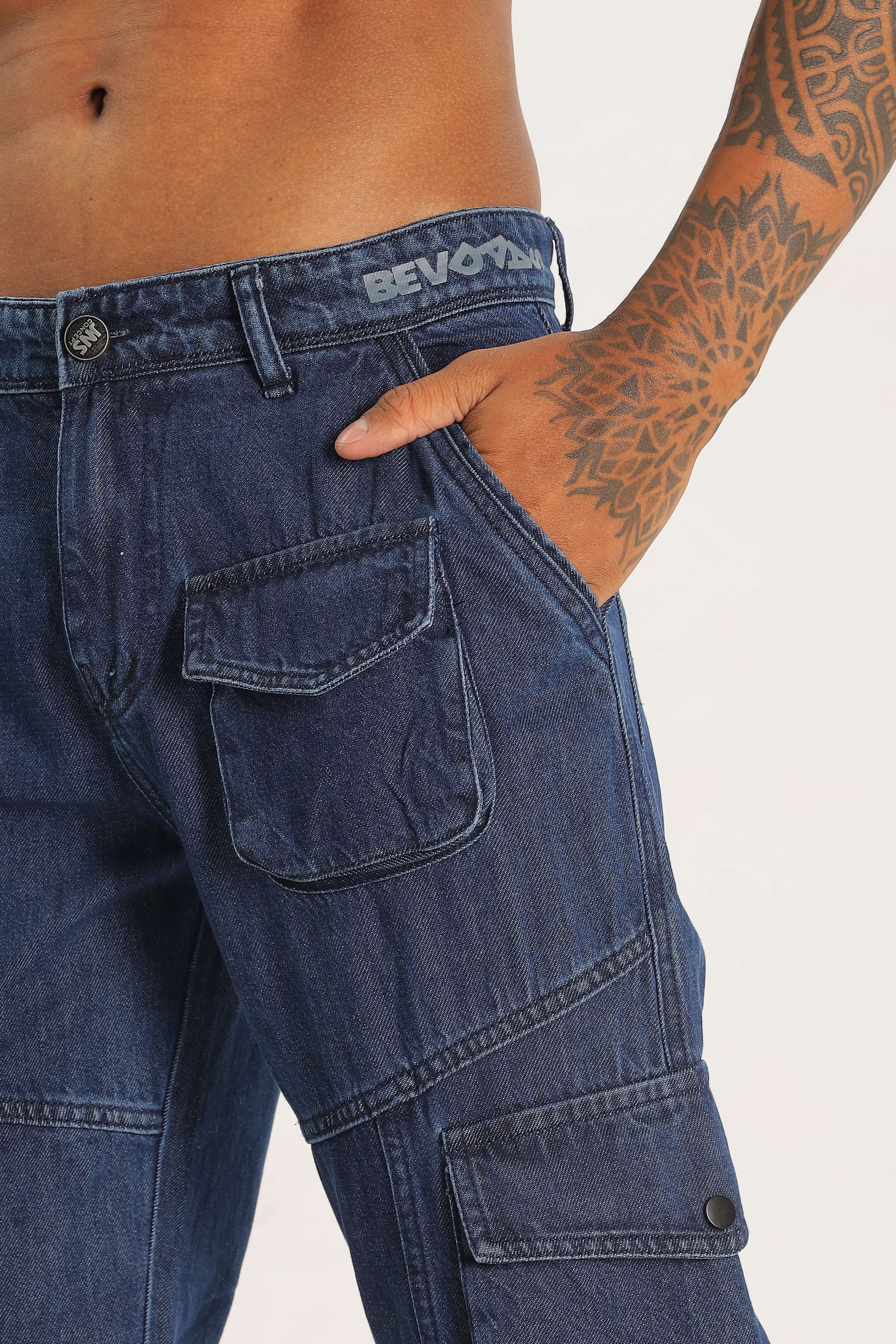 Blue Full Length Baggy Denim Cargo Pant