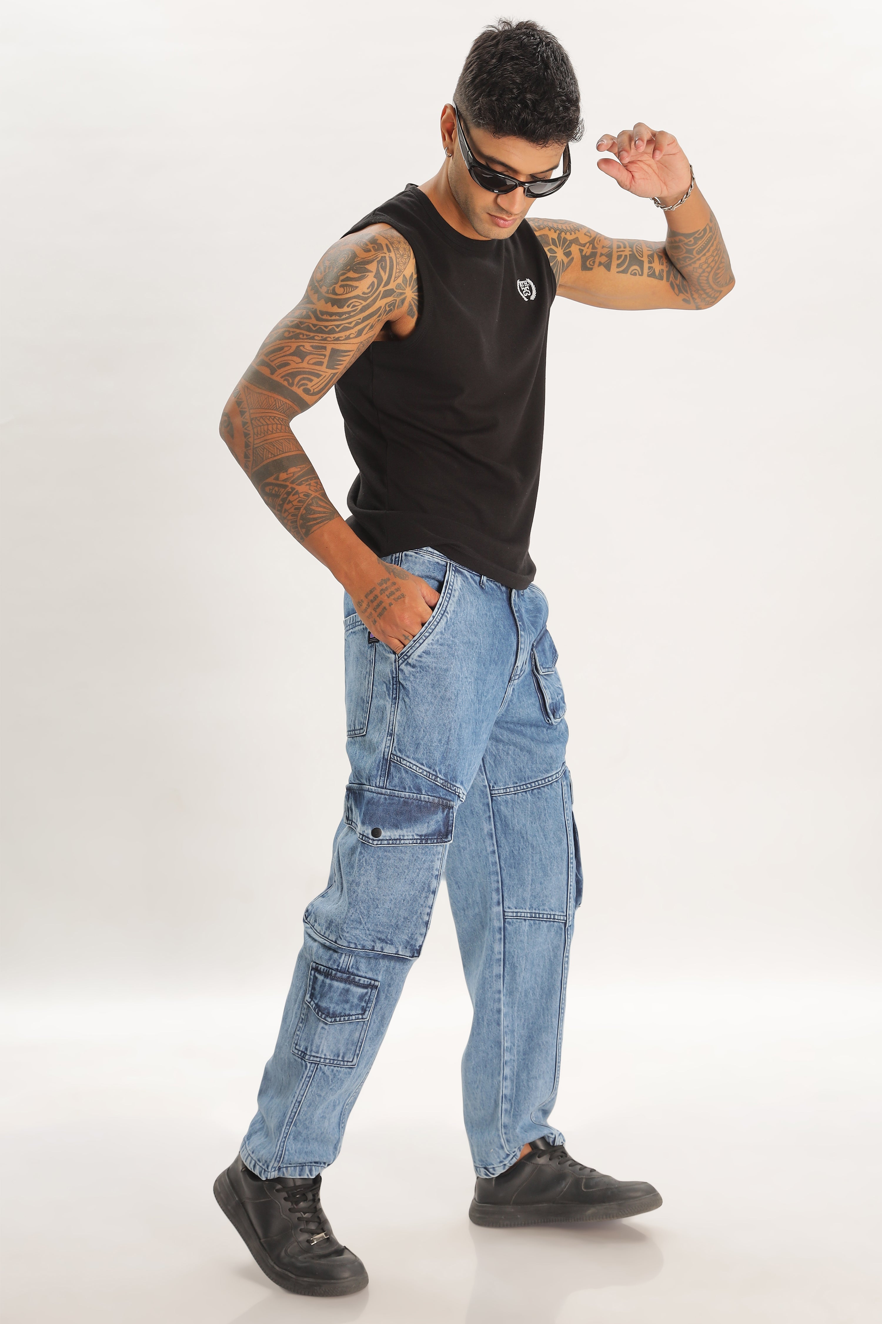 Light Blue Full Length Baggy Denim Cargo Pant