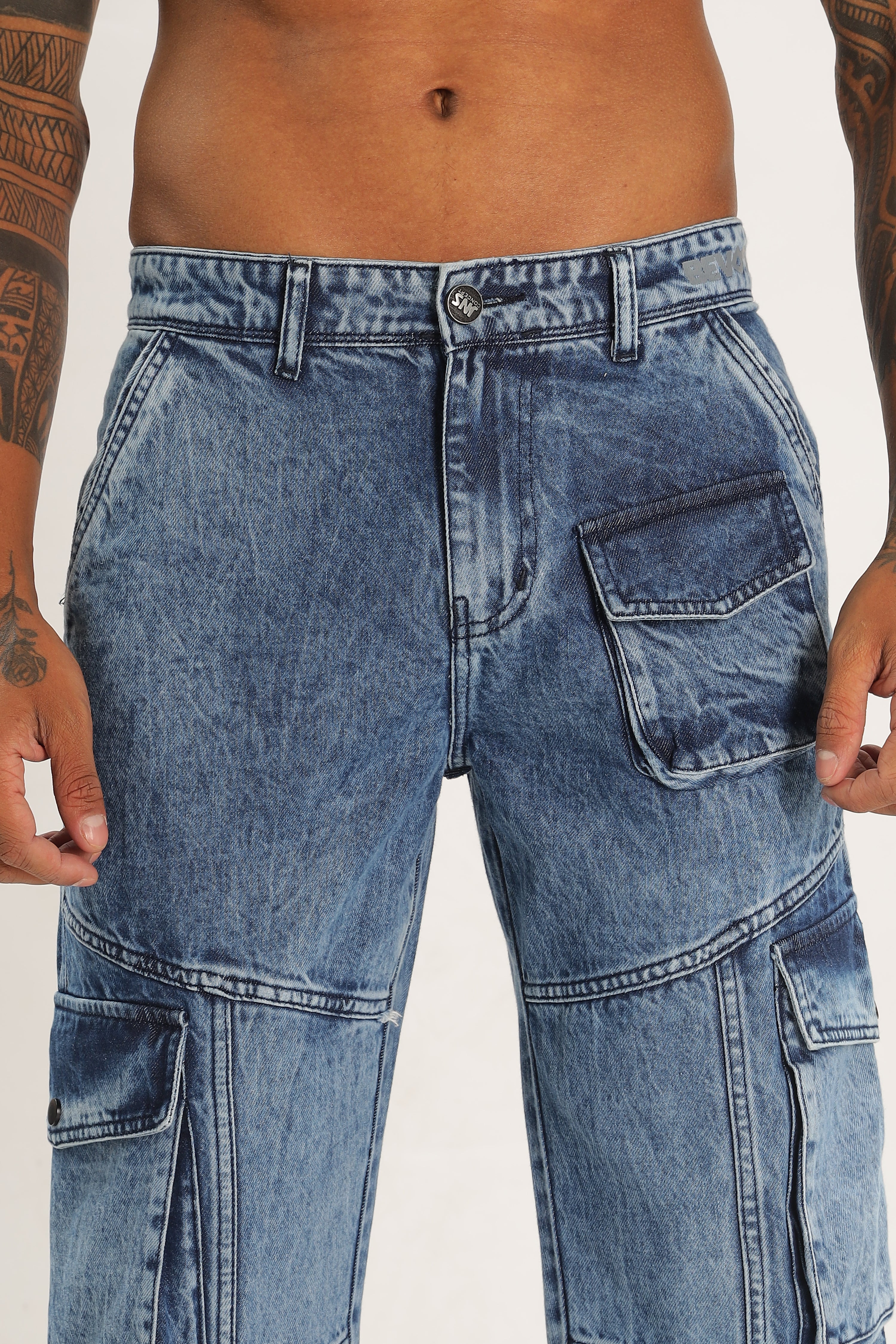 Light Blue Full Length Baggy Denim Cargo Pant