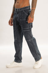 Sky Blue Full Length Baggy Denim Cargo Pants For Men