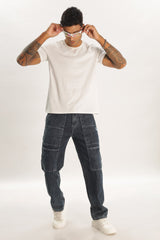 Sky Blue Full Length Baggy Denim Cargo Pants For Men