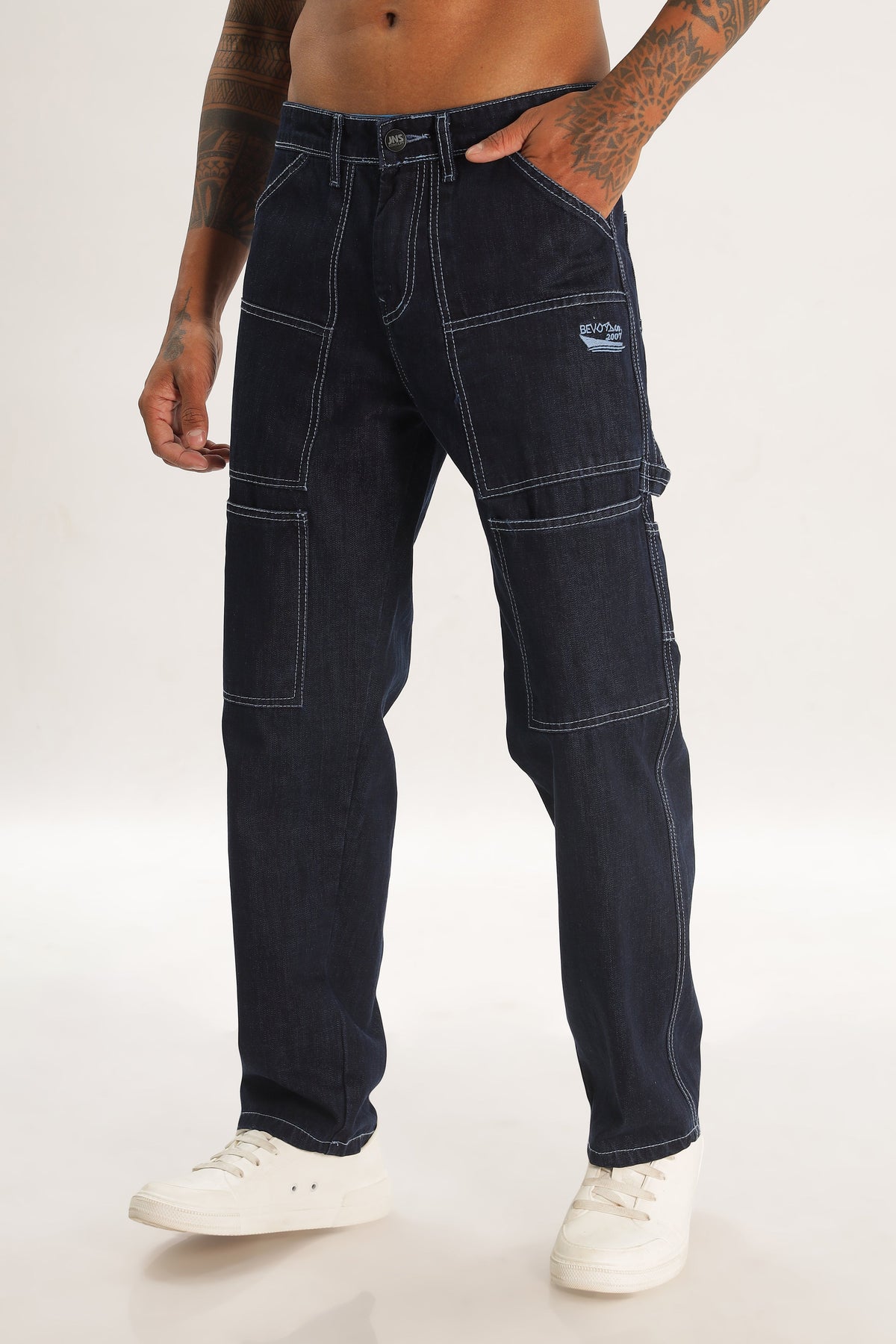 Navy Blue Full Length Baggy Denim Cargo Pants