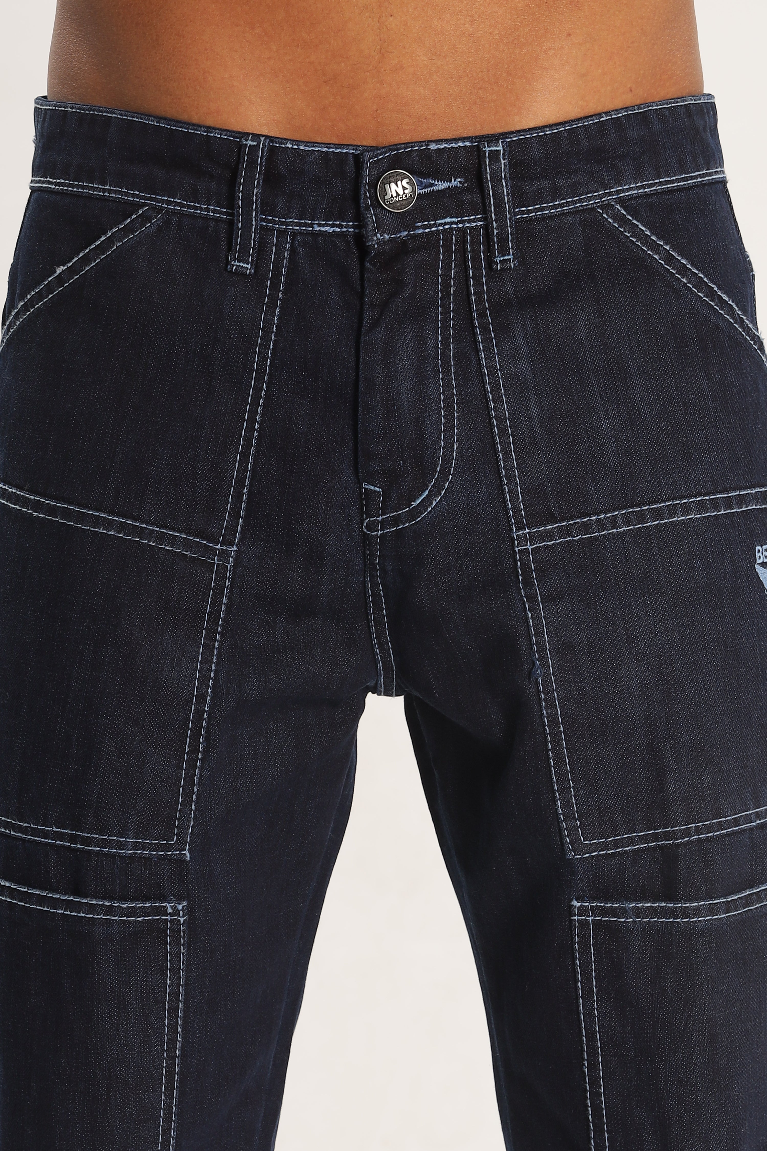 Navy Blue Full Length Baggy Denim Cargo Pants