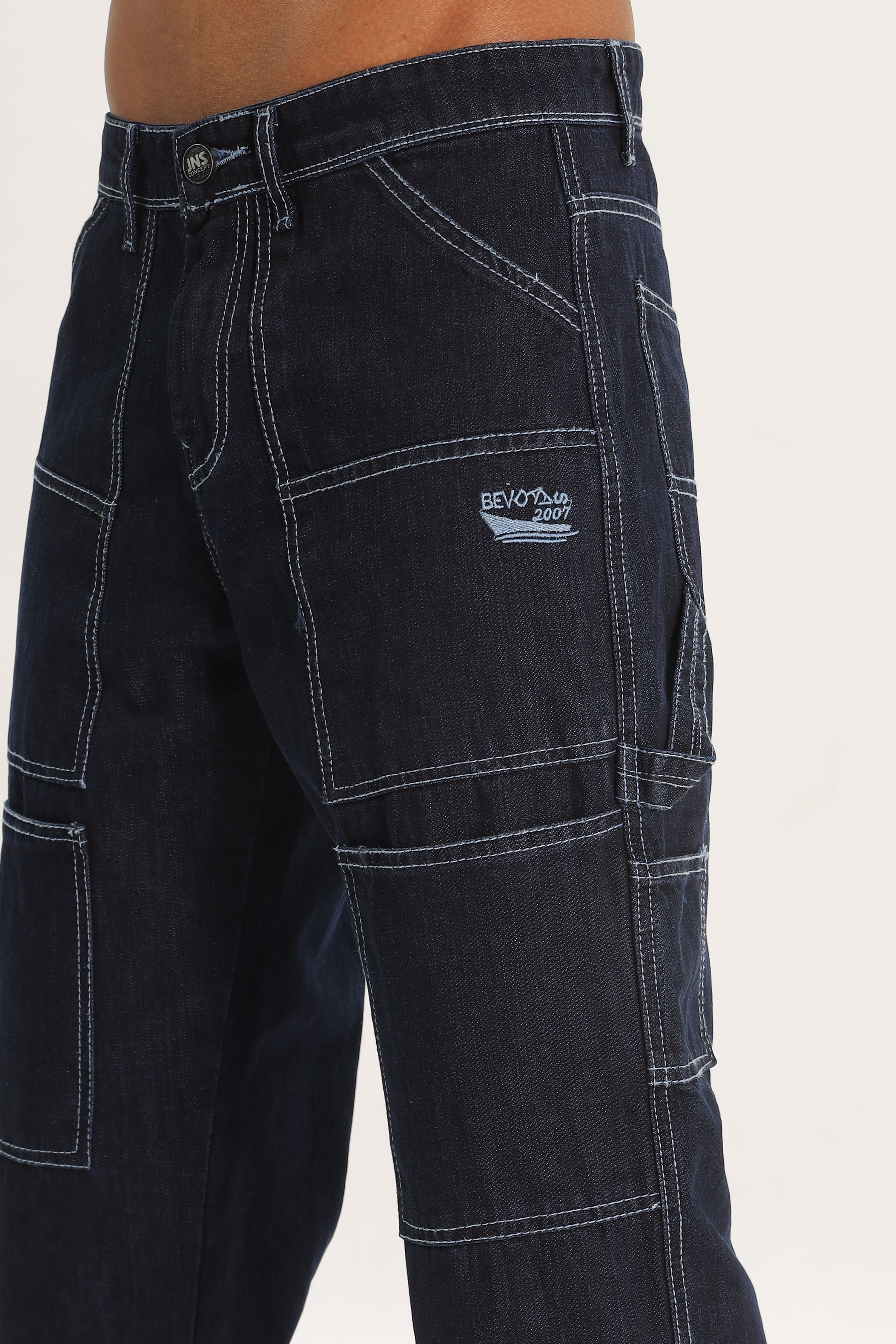 Navy Blue Full Length Baggy Denim Cargo Pants