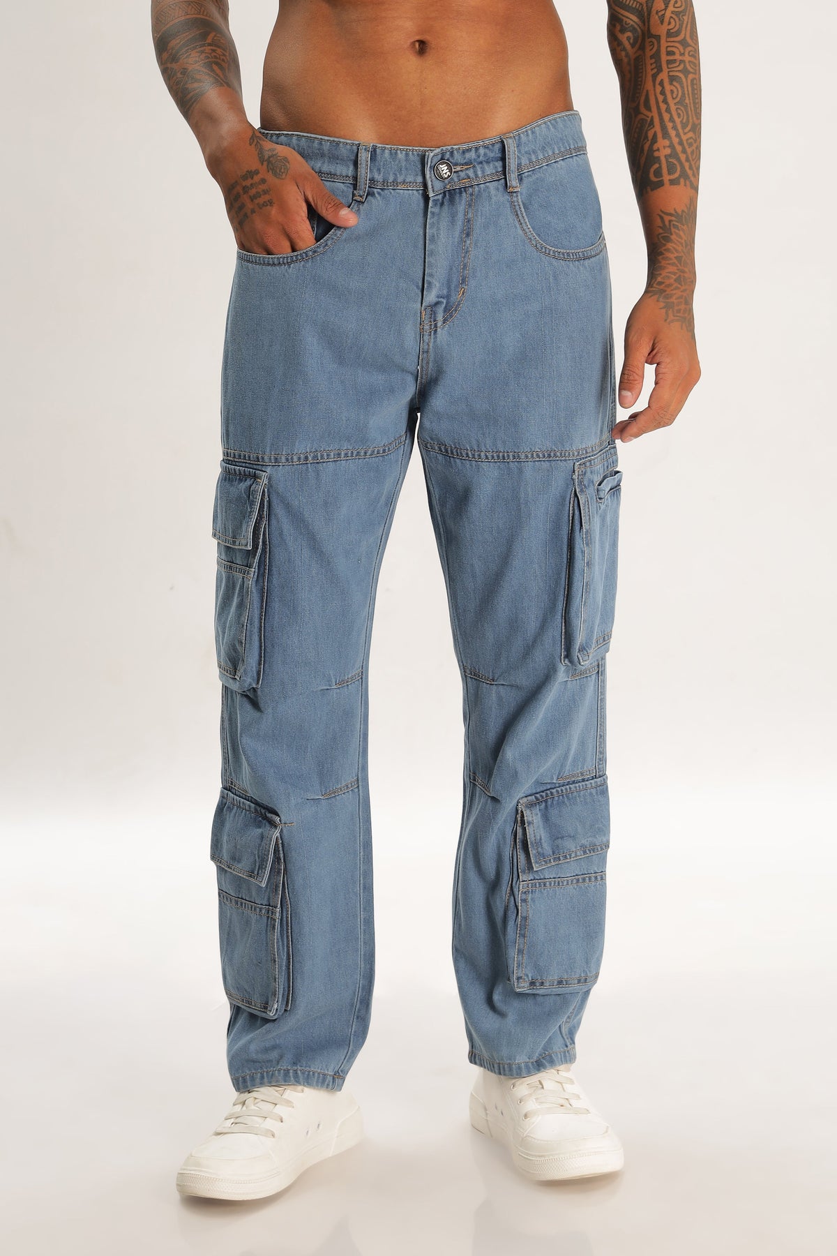 Light Blue Full Length Baggy Denim Cargo Pants For Men