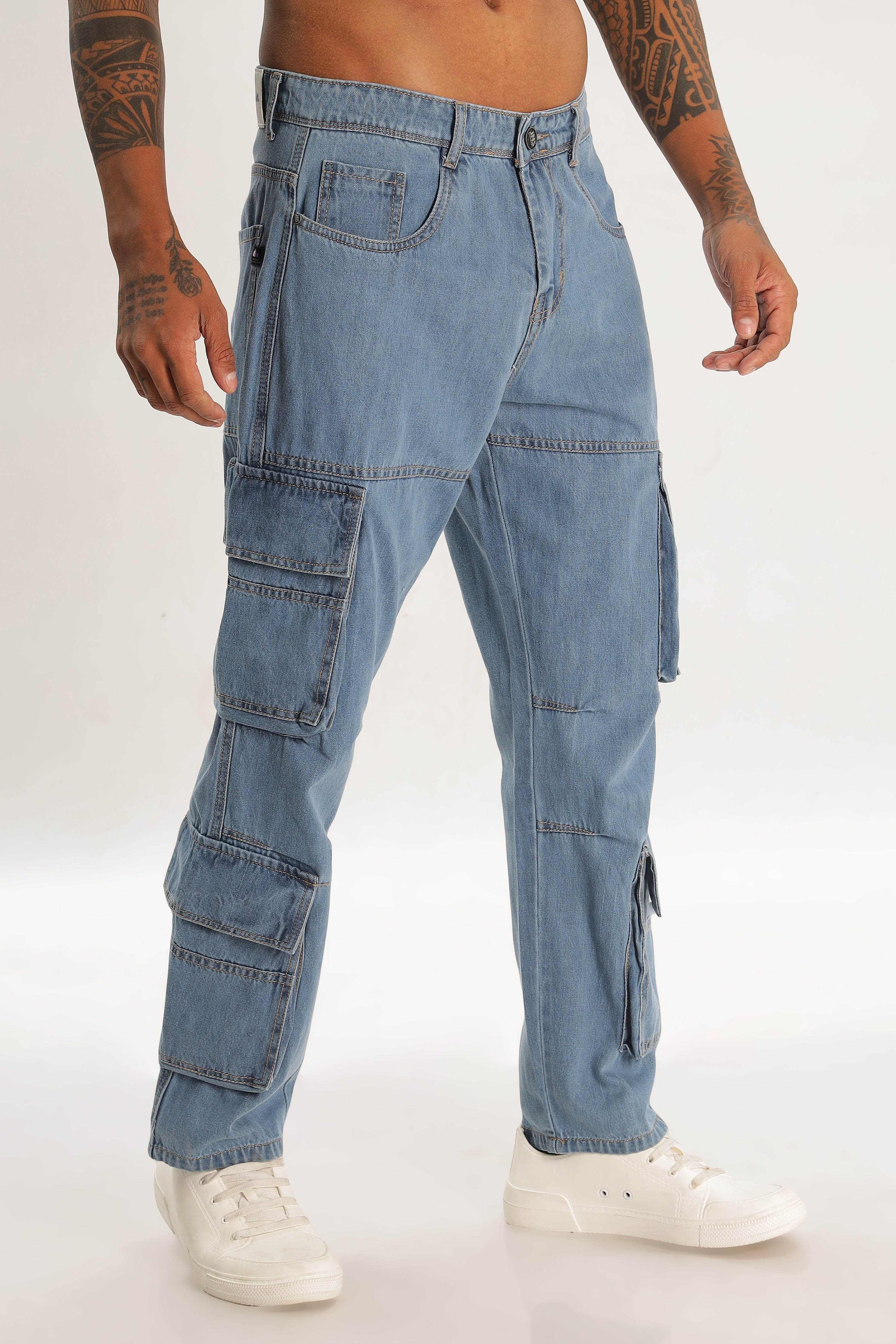 Light Blue Full Length Baggy Denim Cargo Pants For Men