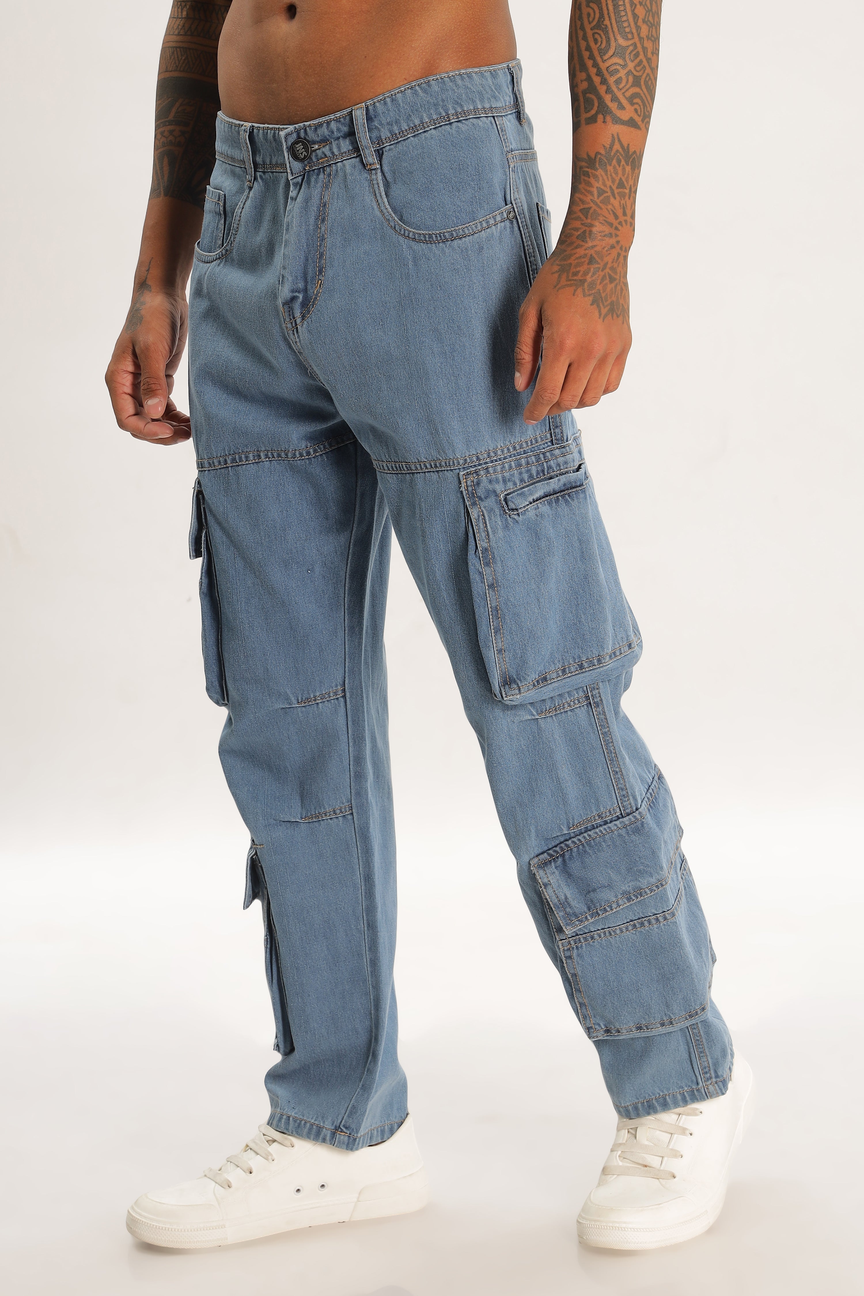 Light Blue Full Length Baggy Denim Cargo Pants For Men