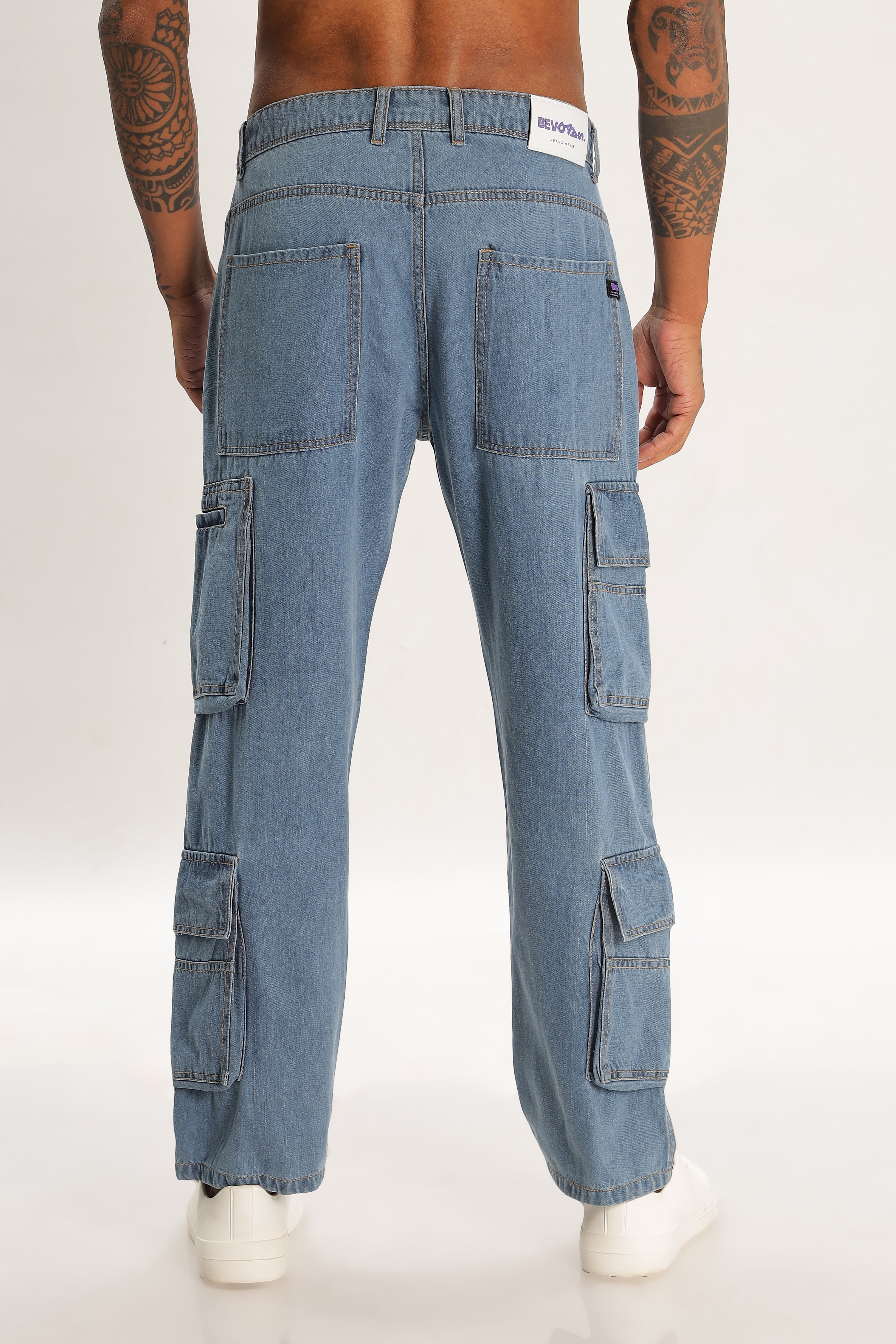 Light Blue Full Length Baggy Denim Cargo Pants For Men