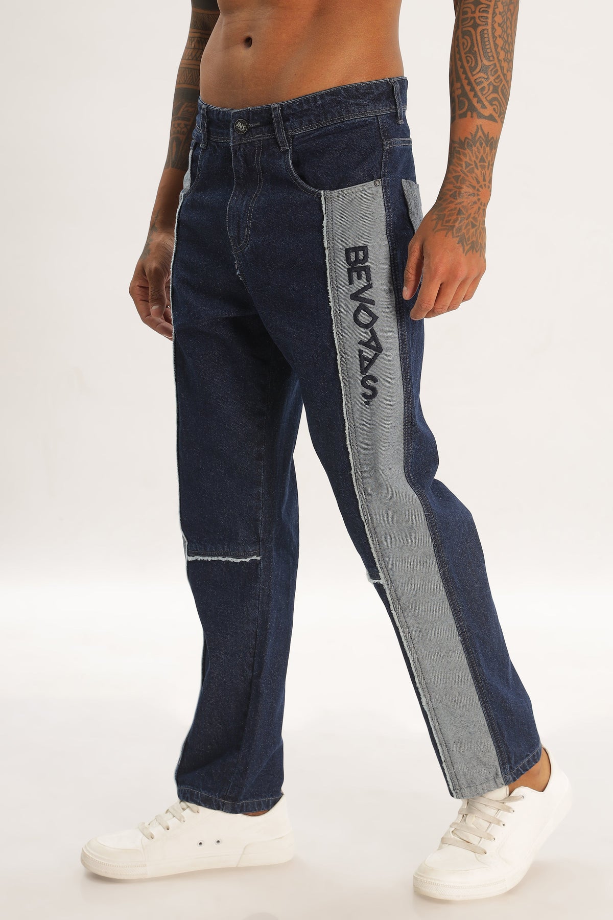 Blue Length Baggy Denim Cargo Pants For Mens