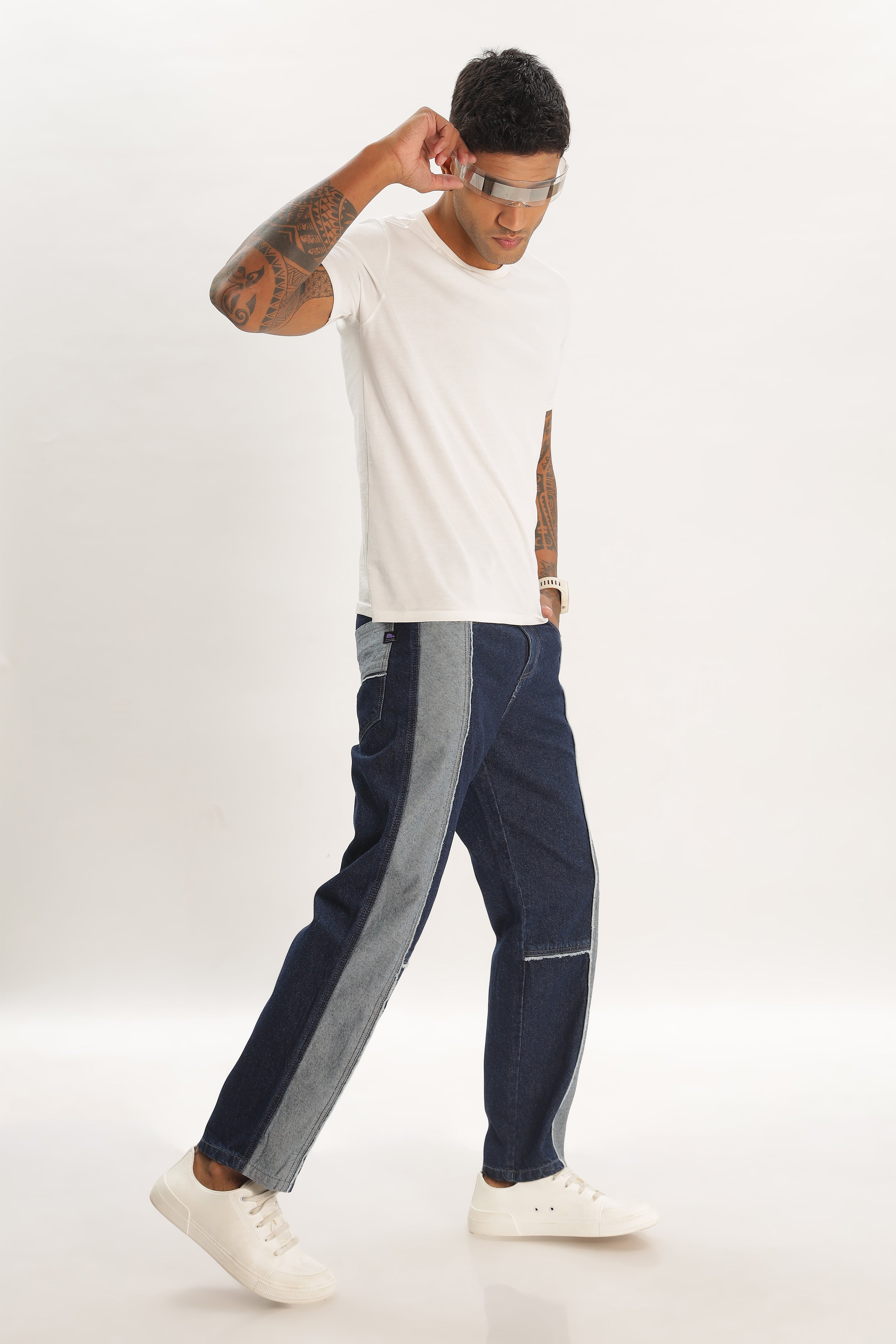 Blue Length Baggy Denim Cargo Pants For Mens