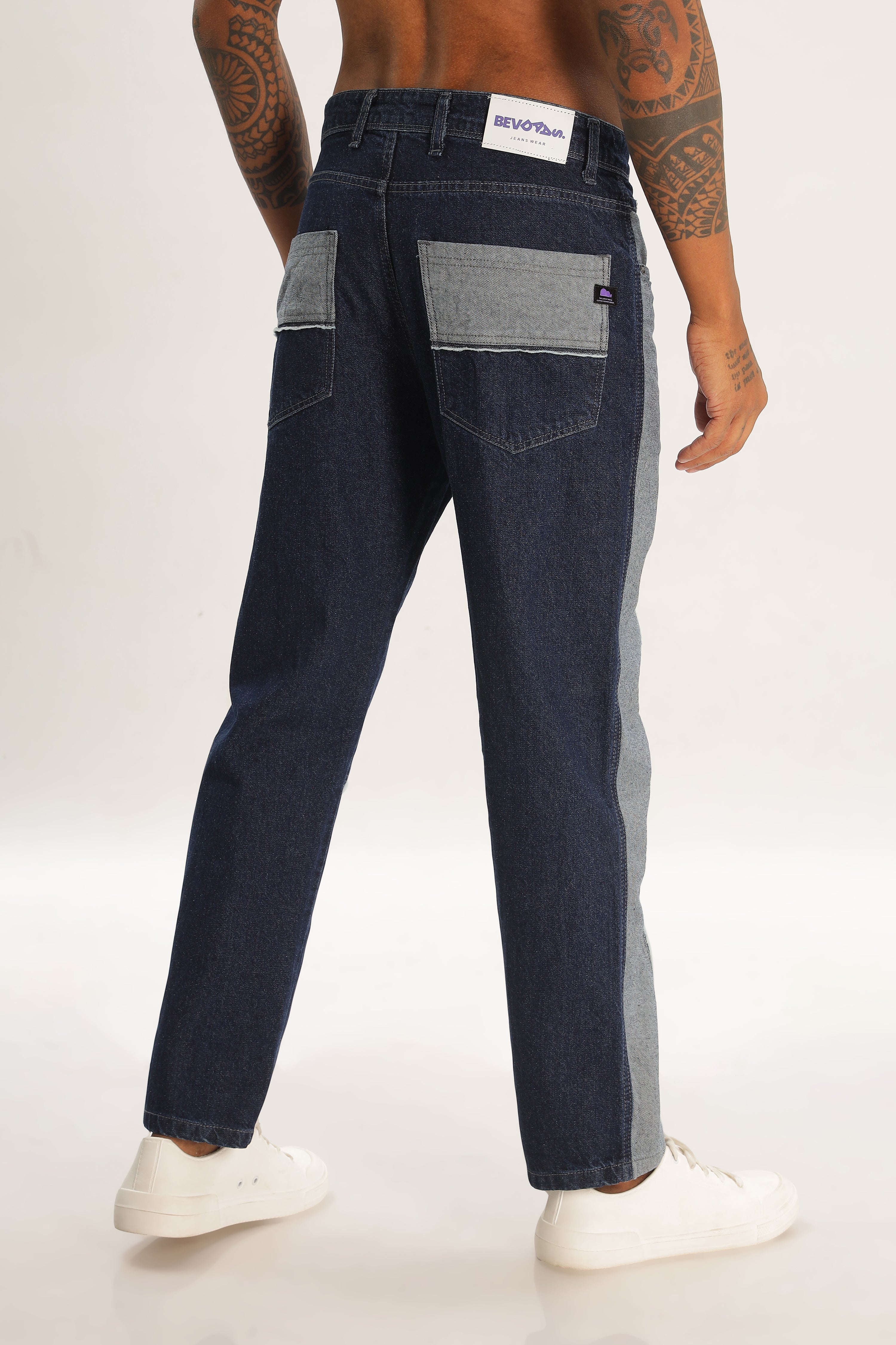 Blue Length Baggy Denim Cargo Pants For Mens