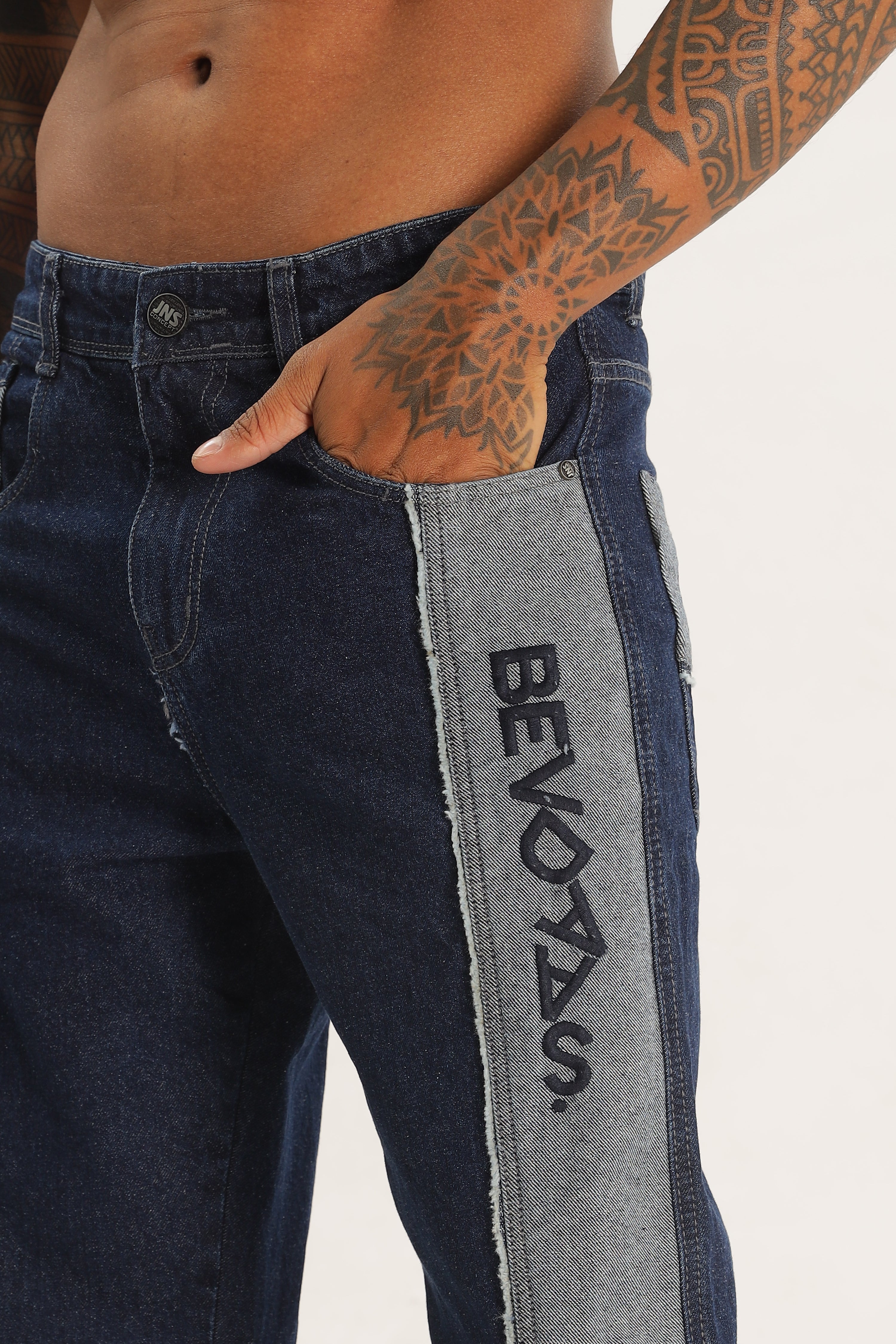 Blue Length Baggy Denim Cargo Pants For Mens