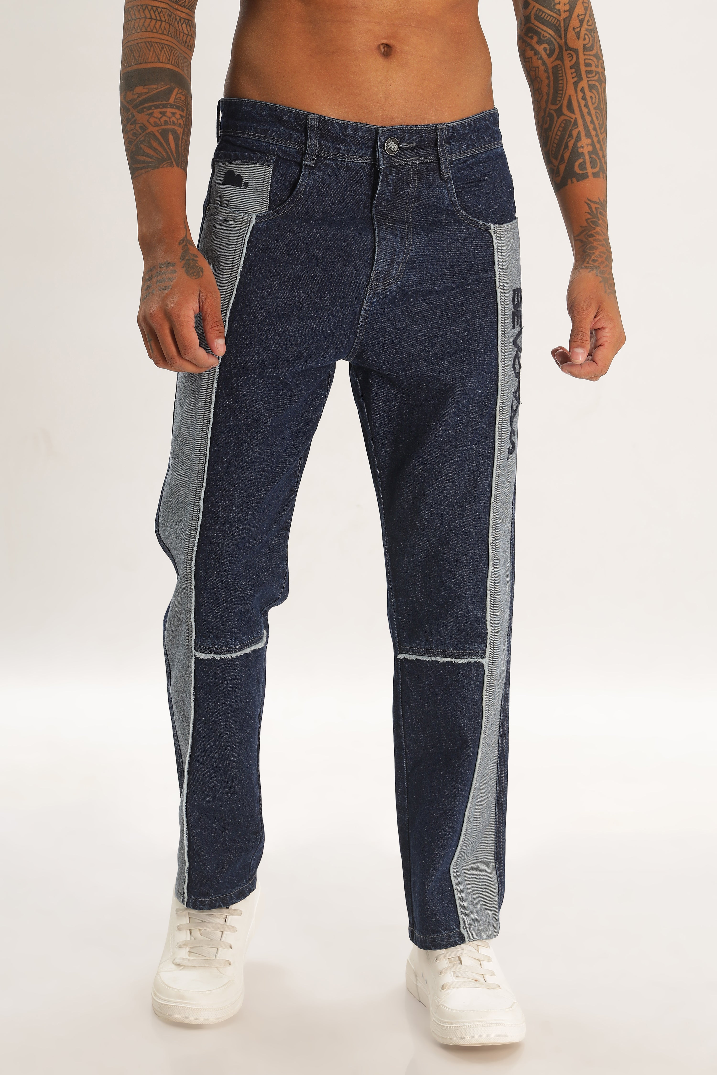 Blue Length Baggy Denim Cargo Pants For Mens