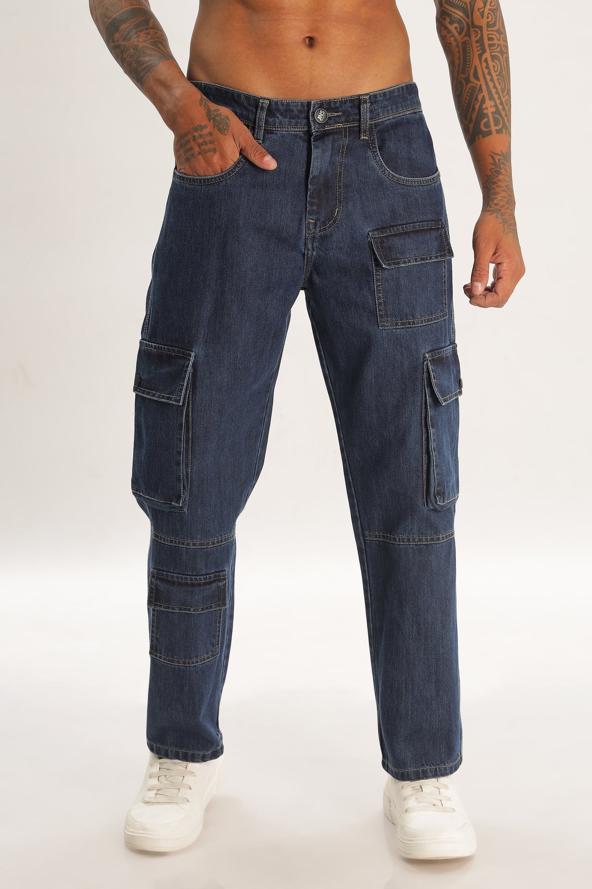 Blue  Full Length Baggy Denim Cargo Pants