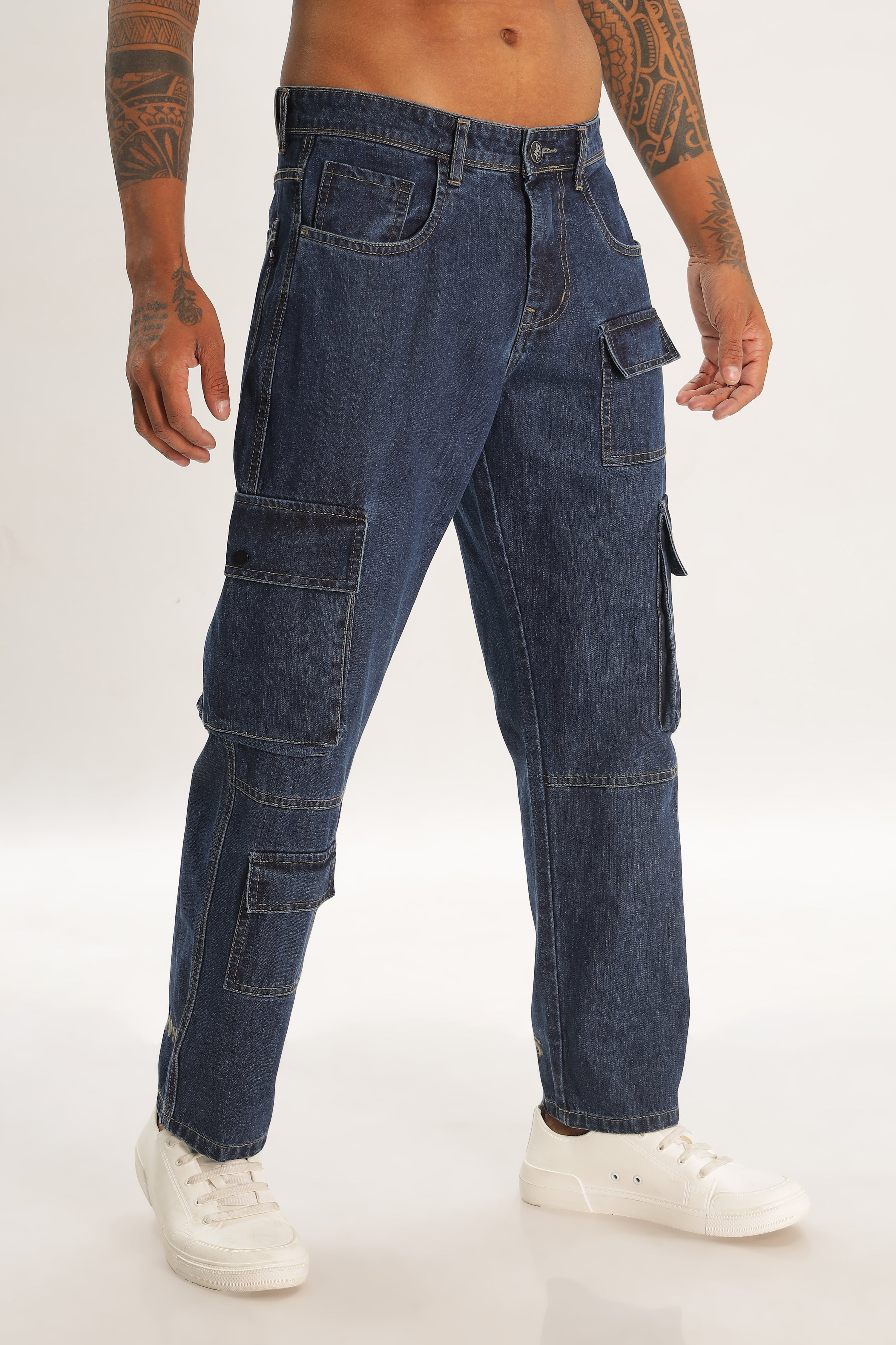 Blue  Full Length Baggy Denim Cargo Pants