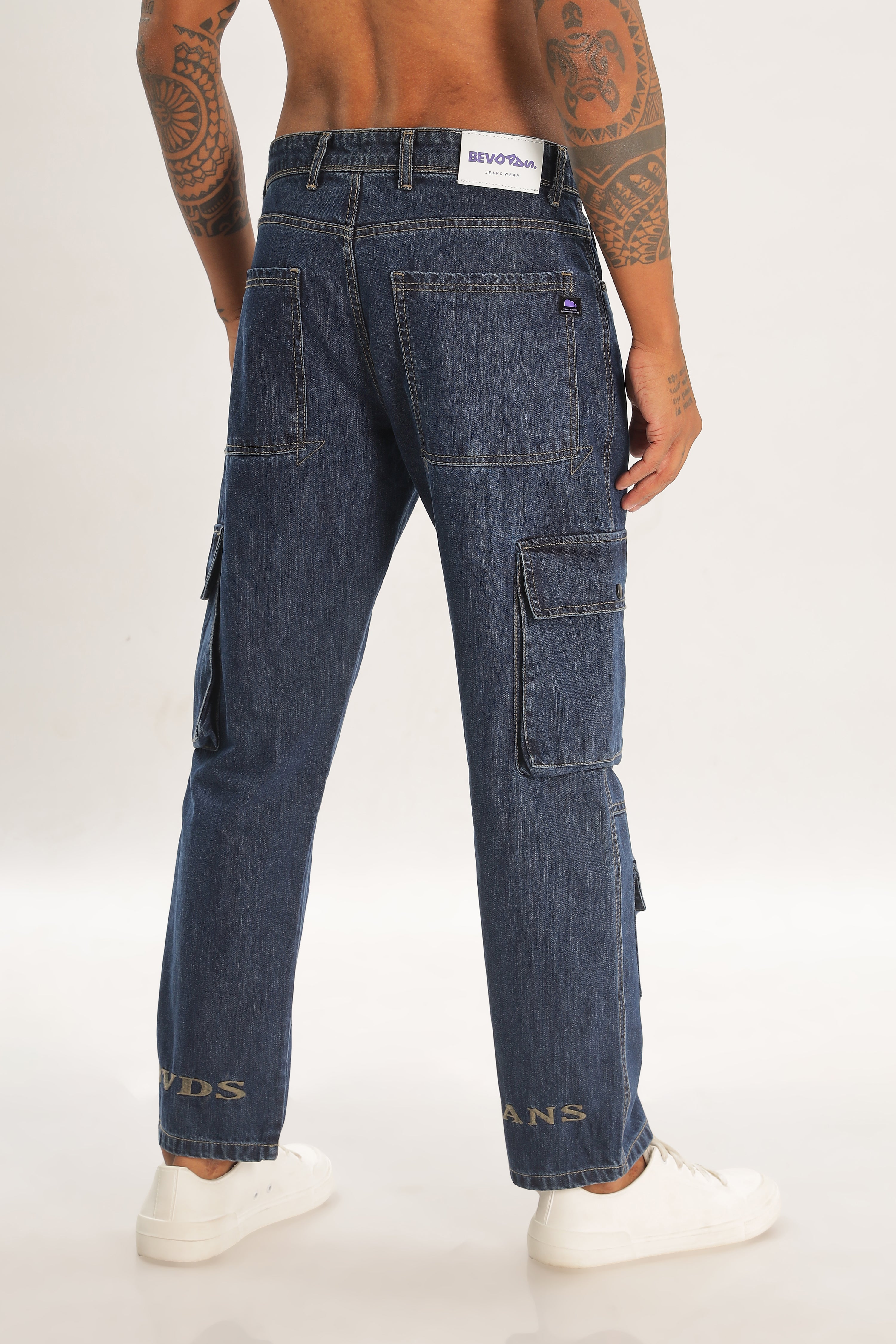 Blue  Full Length Baggy Denim Cargo Pants