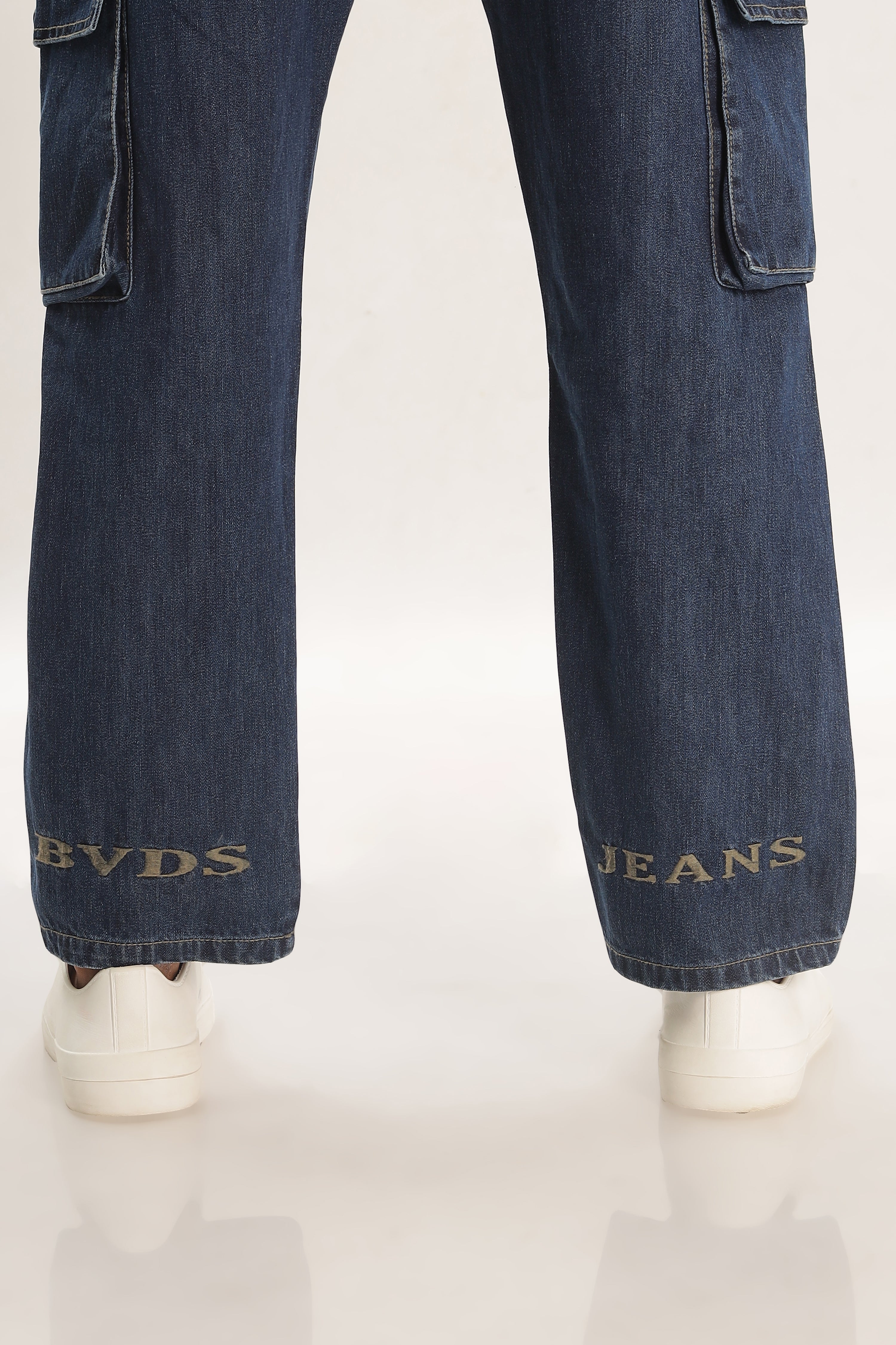 Blue  Full Length Baggy Denim Cargo Pants