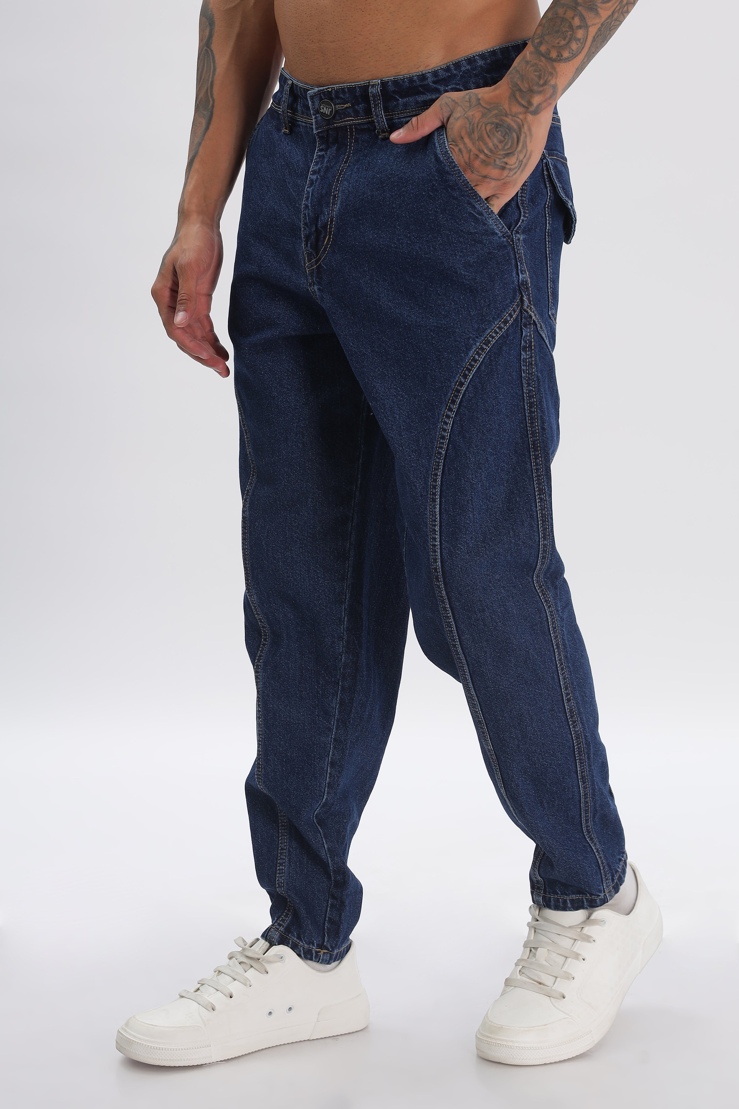 Blue Length Baggy Denim Cargo Pant For Men