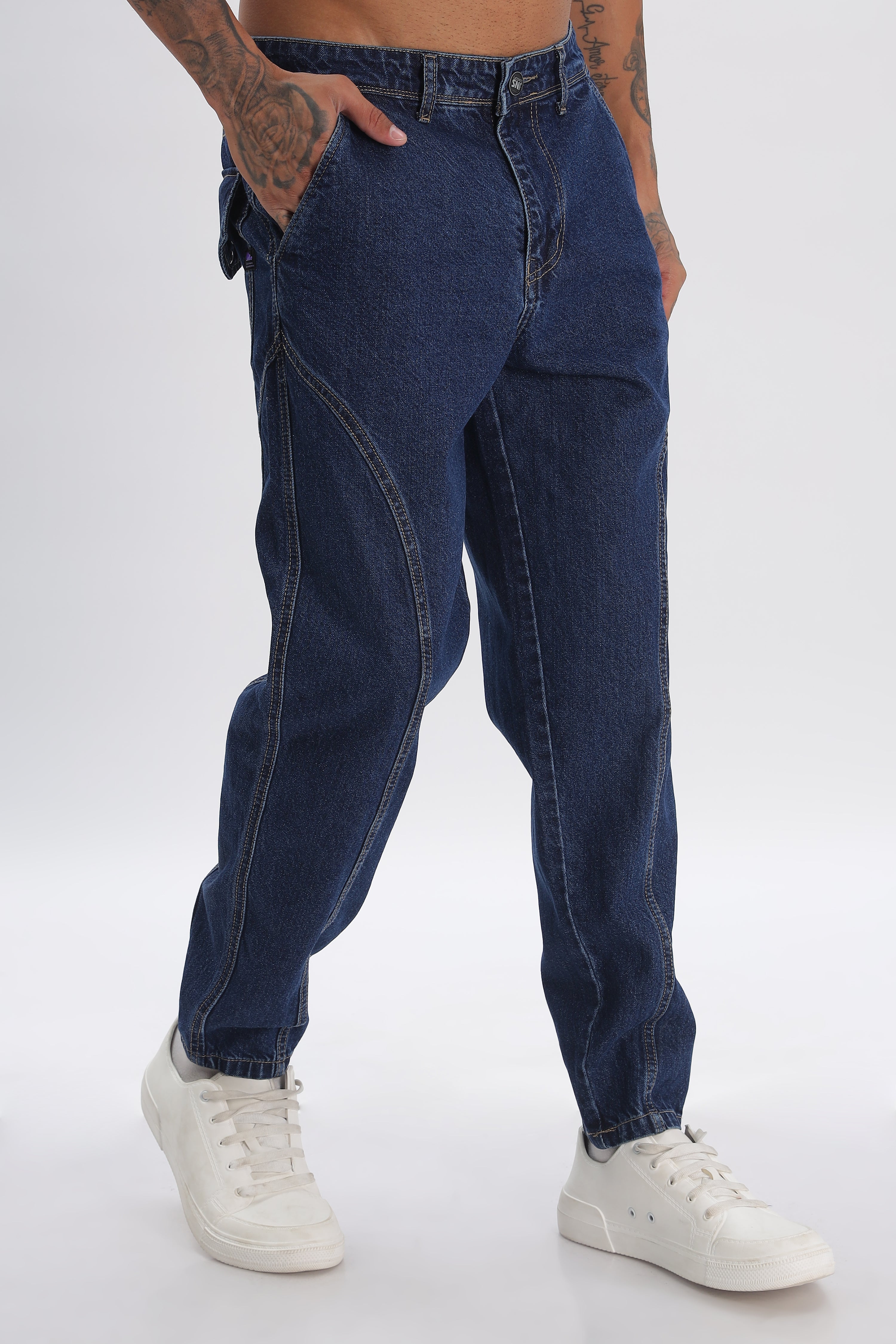 Blue Length Baggy Denim Cargo Pant For Men