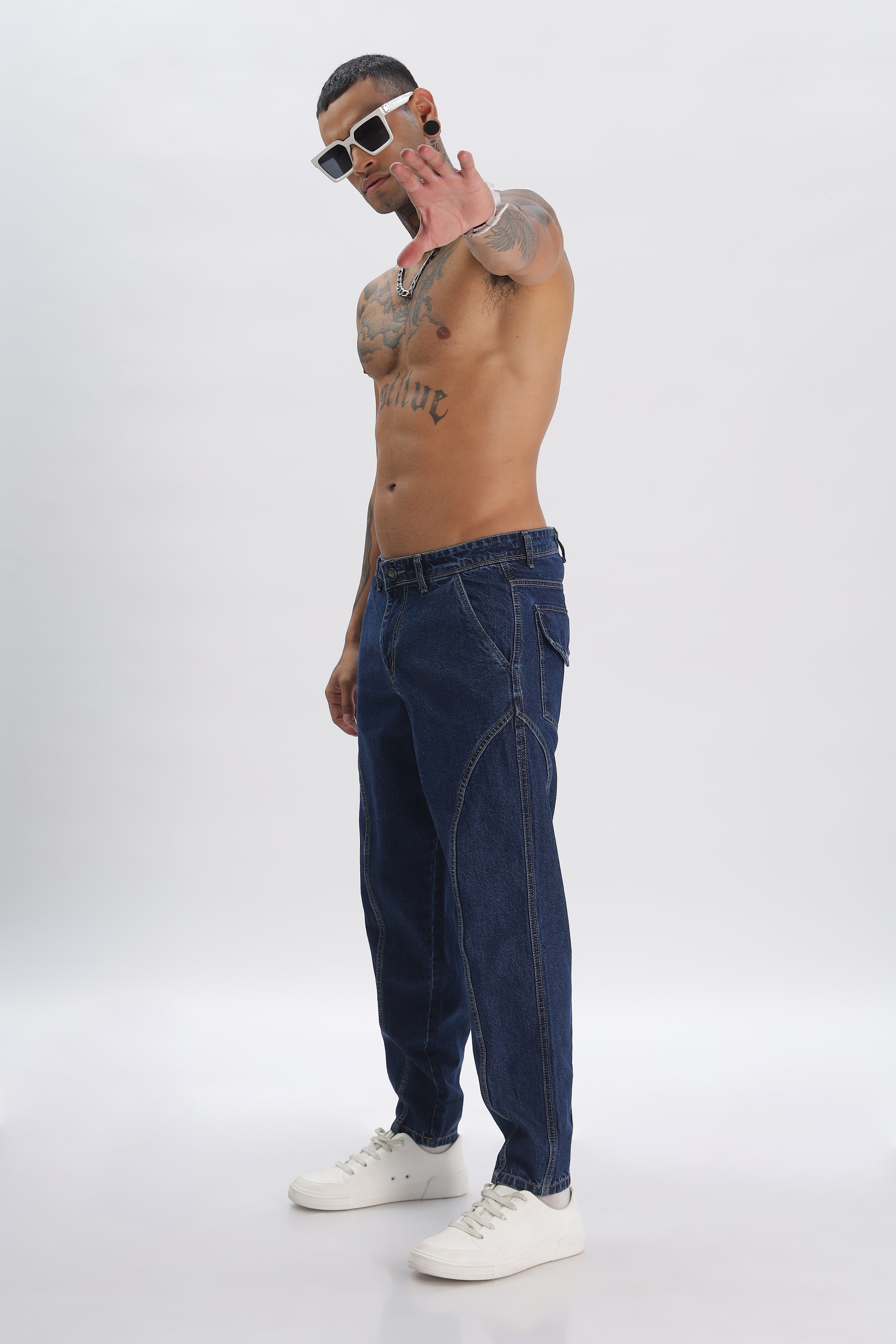 Blue Length Baggy Denim Cargo Pant For Men