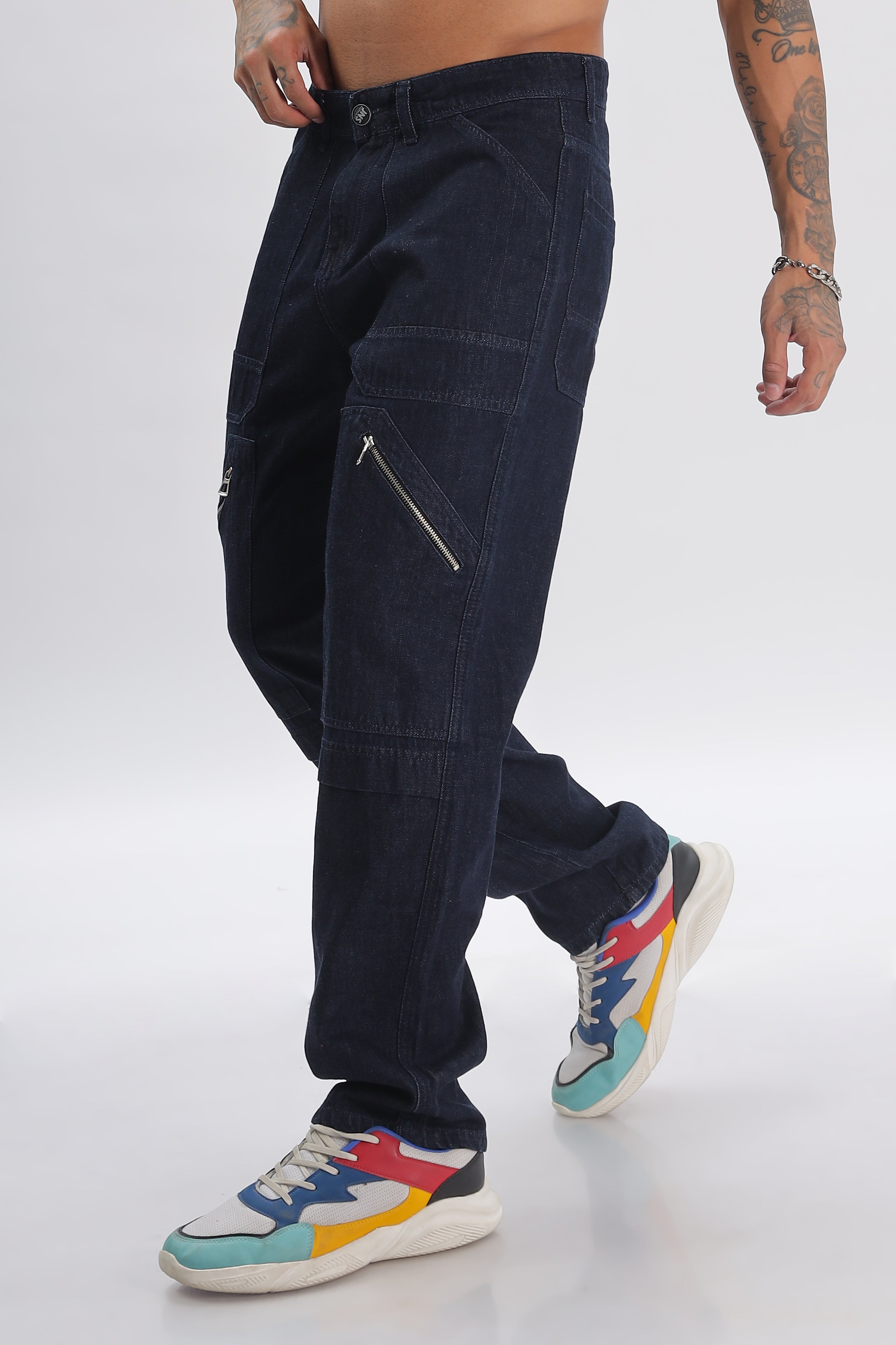 Blue Length Baggy Denim Cargo Pants