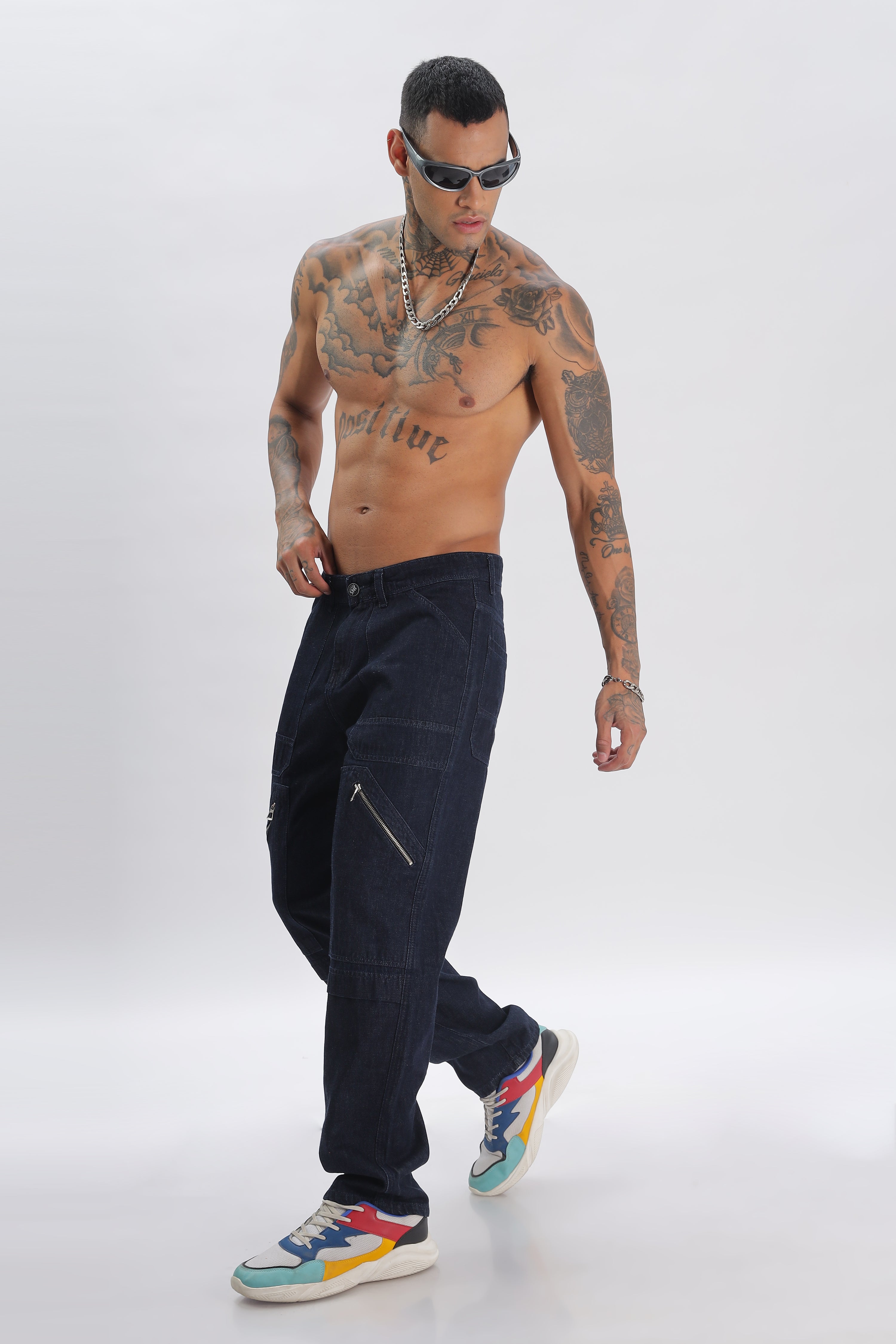 Blue Length Baggy Denim Cargo Pants