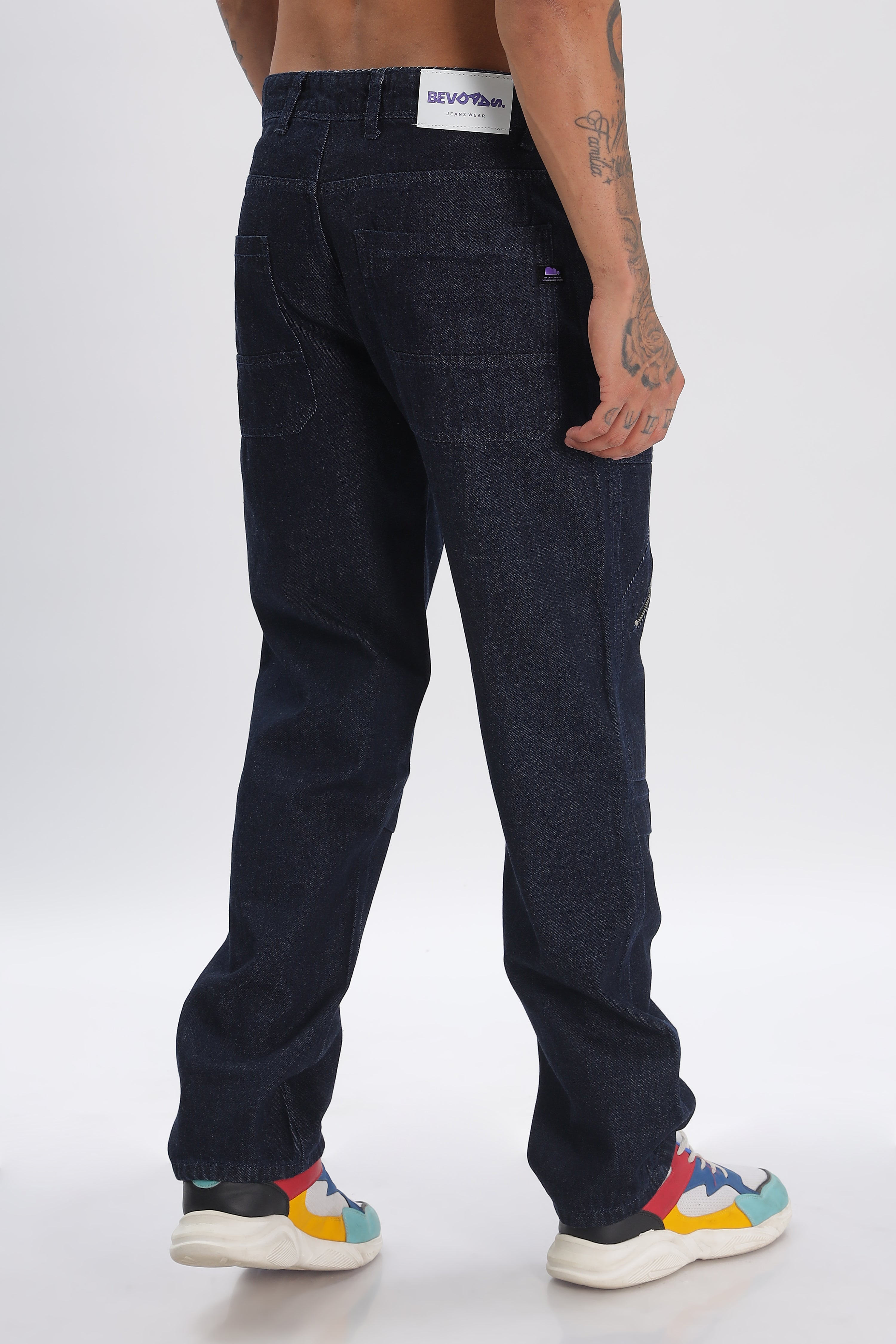 Blue Length Baggy Denim Cargo Pants