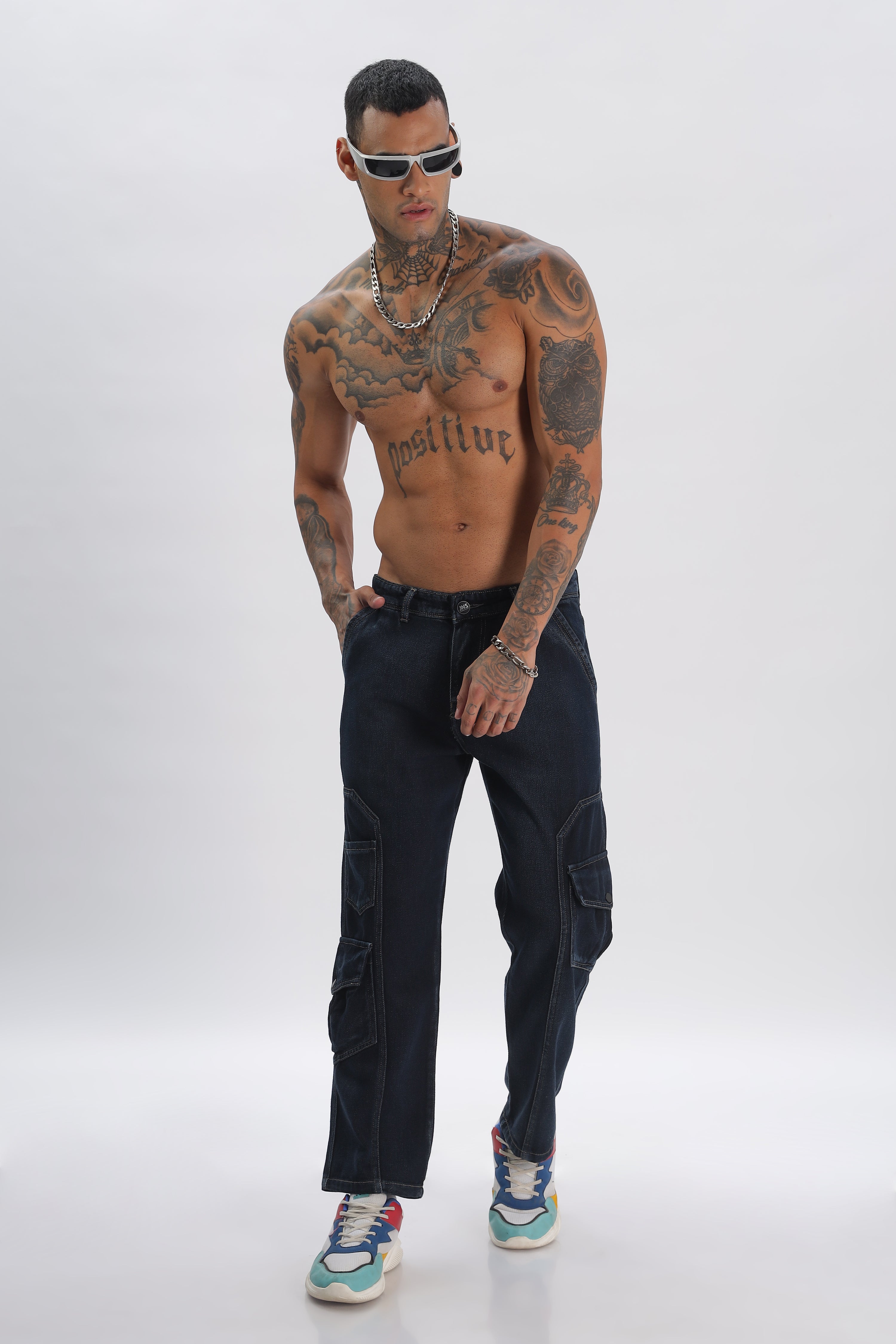 Blue Full Length Baggy Denim Cargo Pants