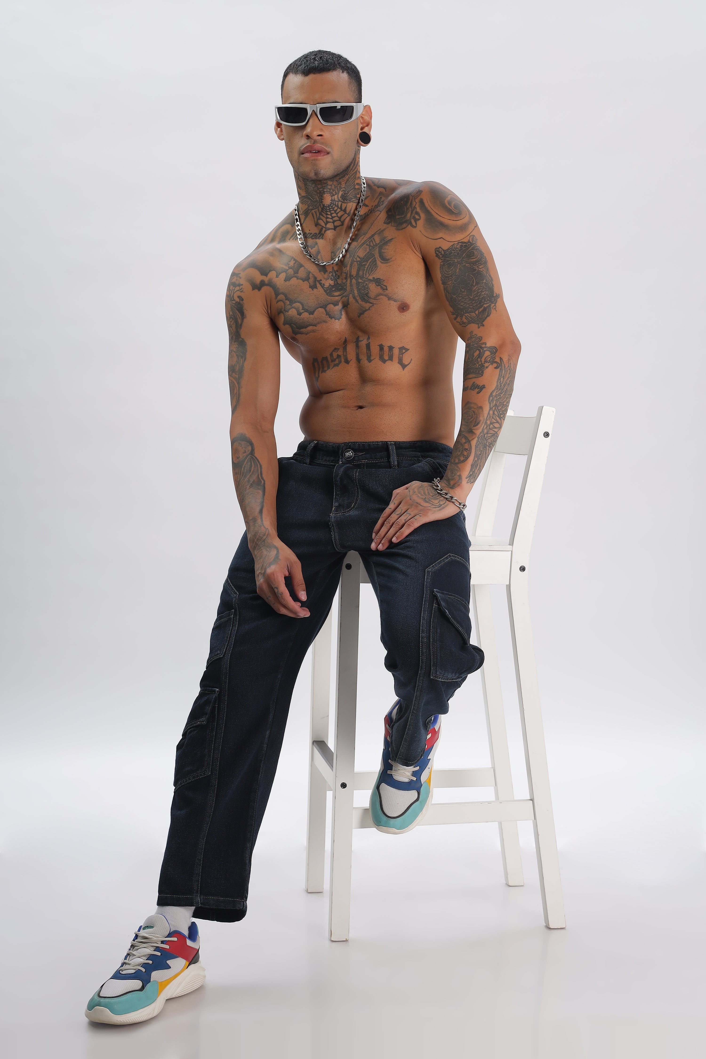 Blue Full Length Baggy Denim Cargo Pants