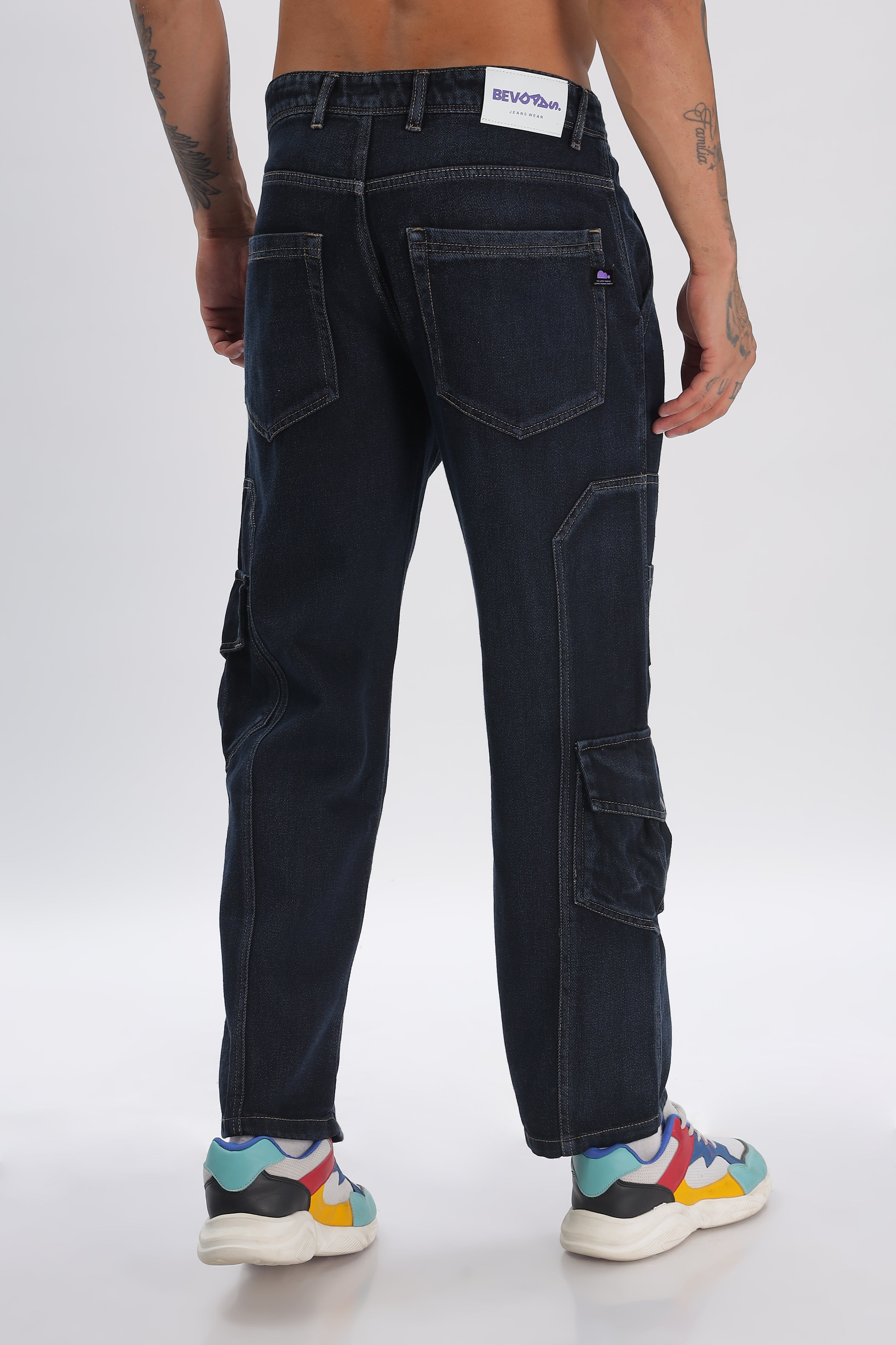 Blue Full Length Baggy Denim Cargo Pants