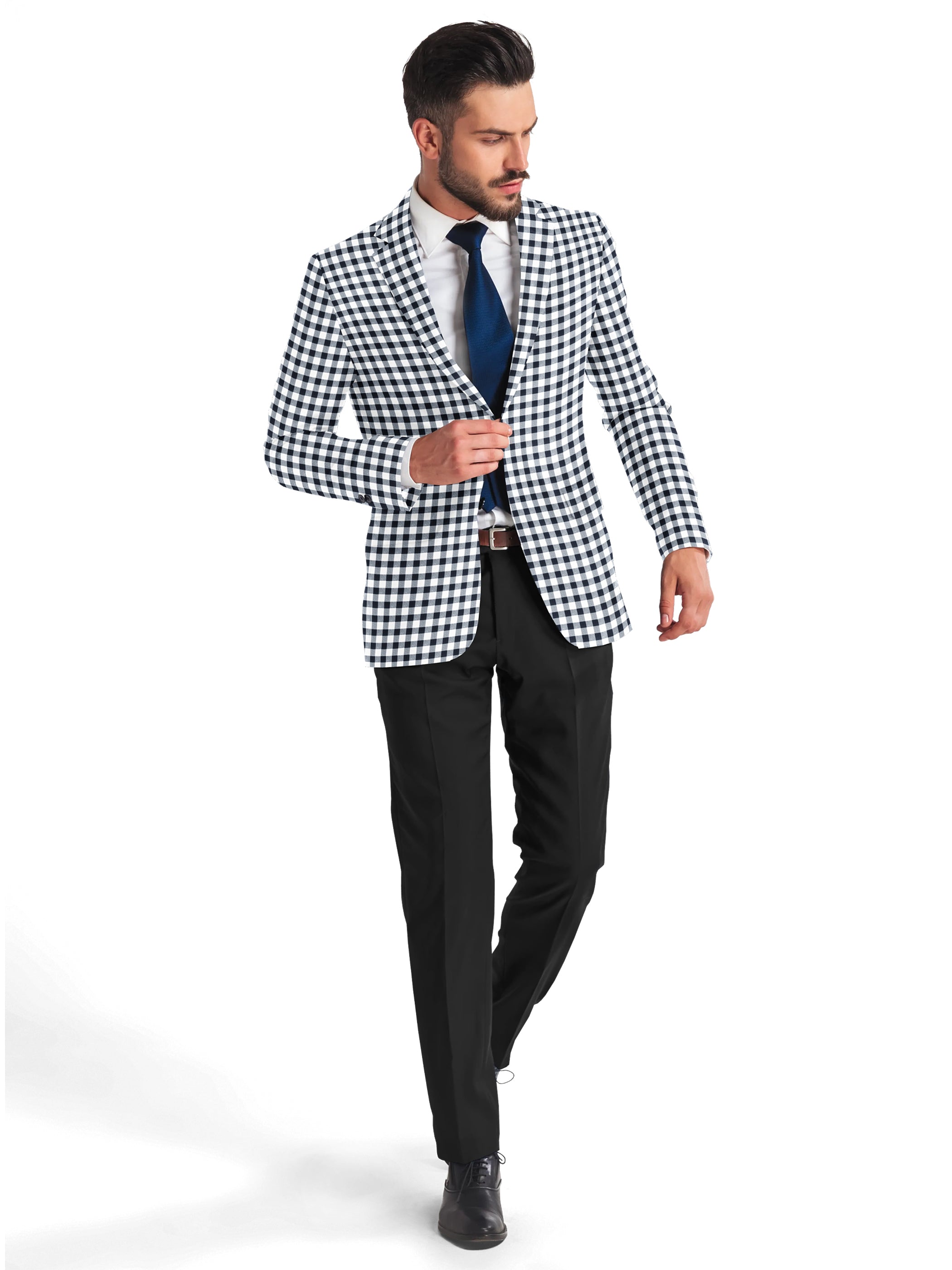 White Men's Two Button Dress Party Checks Print Suit Jacket Notched Lapel Slim Fit Stylish Blazer