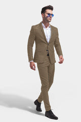 Brown Men's Two Button Dress Party Checks Print Suit Jacket Notched Lapel Slim Fit Stylish Blazer